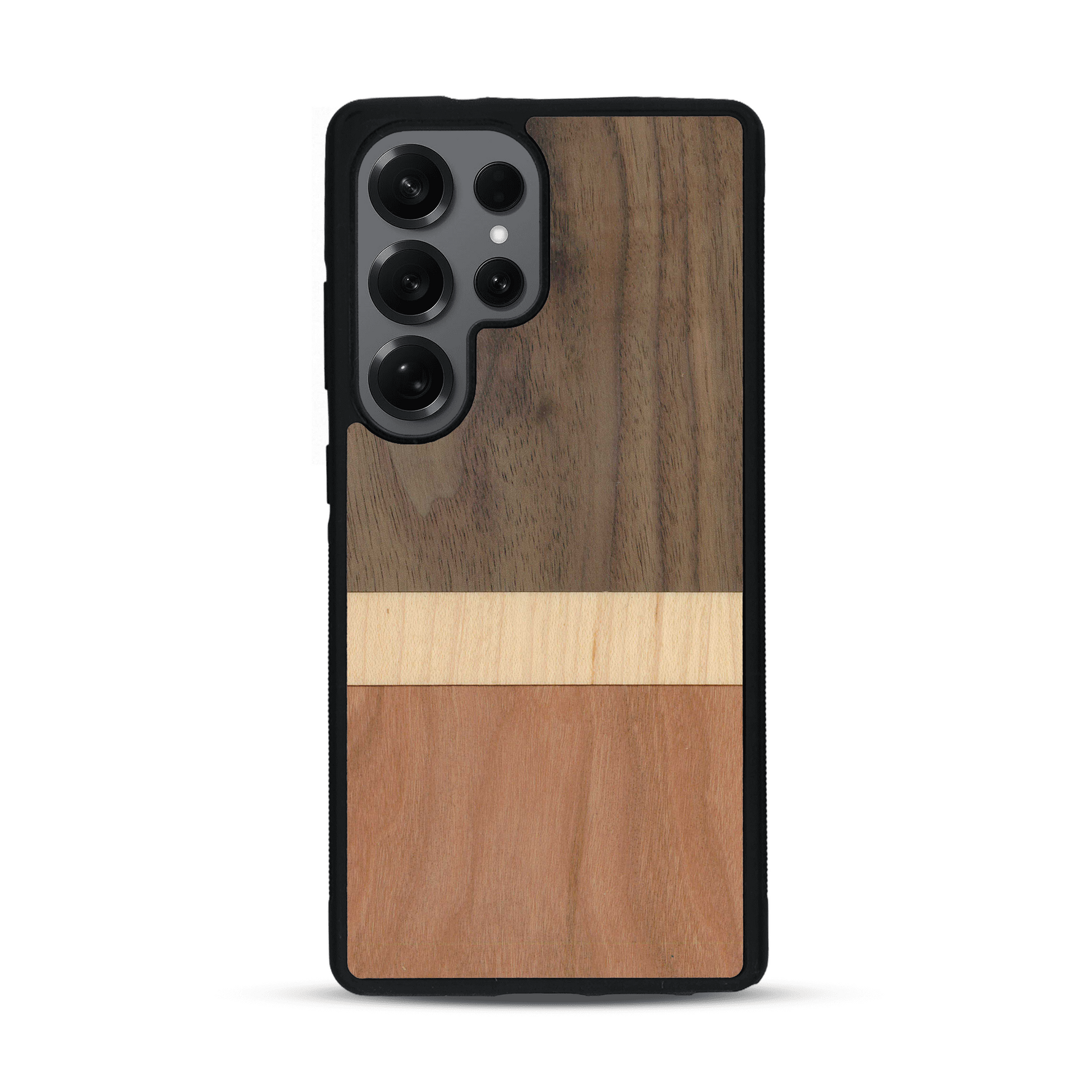 Coque de protection en bois véritable fabriquée en France pour  alliant des bandes horizontales de bambou, merisier et noyer