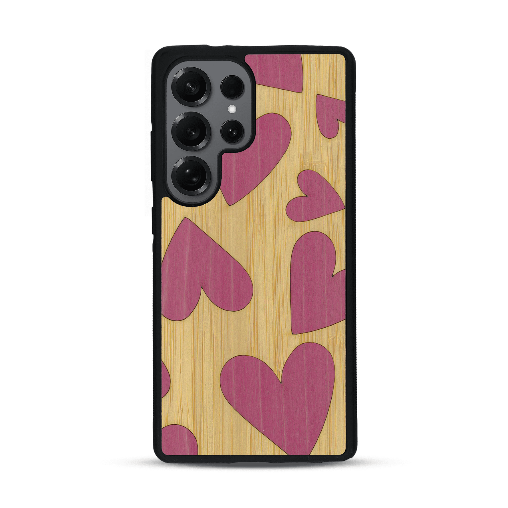 Coque de protection en bois véritable fabriquée en France pour  alliant plusieurs essences de bois pour représenter des coeurs pour les amoureux
