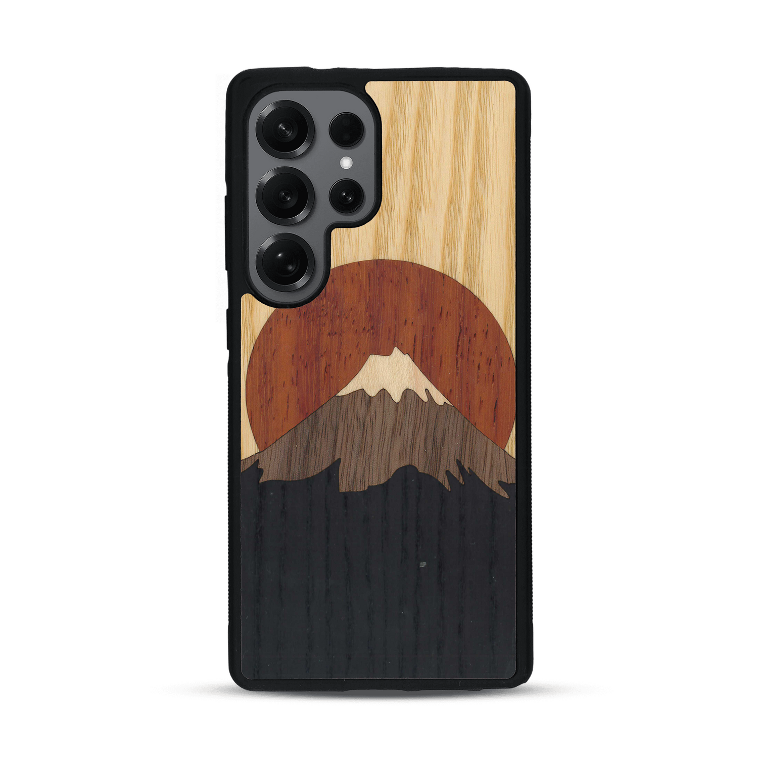 Coque de protection en bois véritable fabriquée en France pour  alliant plusieurs essences de bois pour représenter le mont Fuji