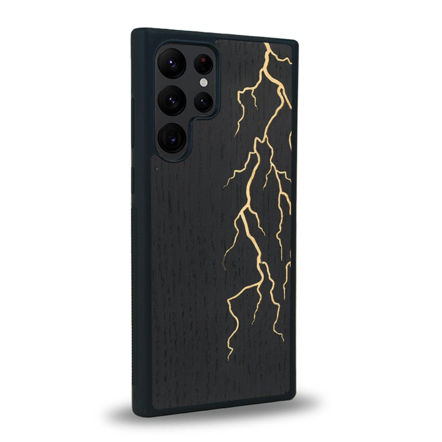 Coque de protection en bois véritable fabriquée en France pour Samsung S25 Ultra alliant plusieurs essences de bois pour représenter un éclair divin