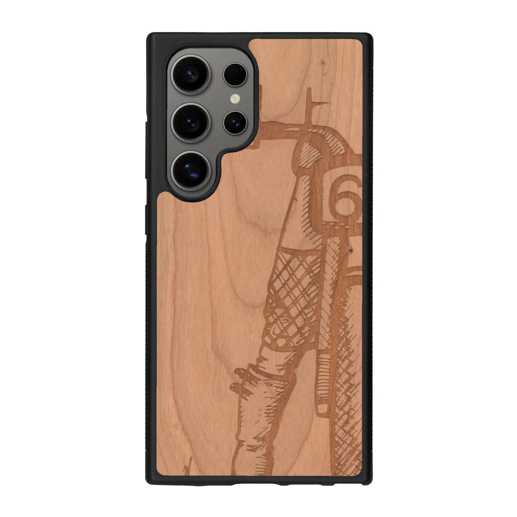 Coque de protection en bois véritable fabriquée en France pour Samsung S25 Ultra représentant une vue de face d'une femme sur une moto vintage dessinée à la main par l'artiste Maud Dabs