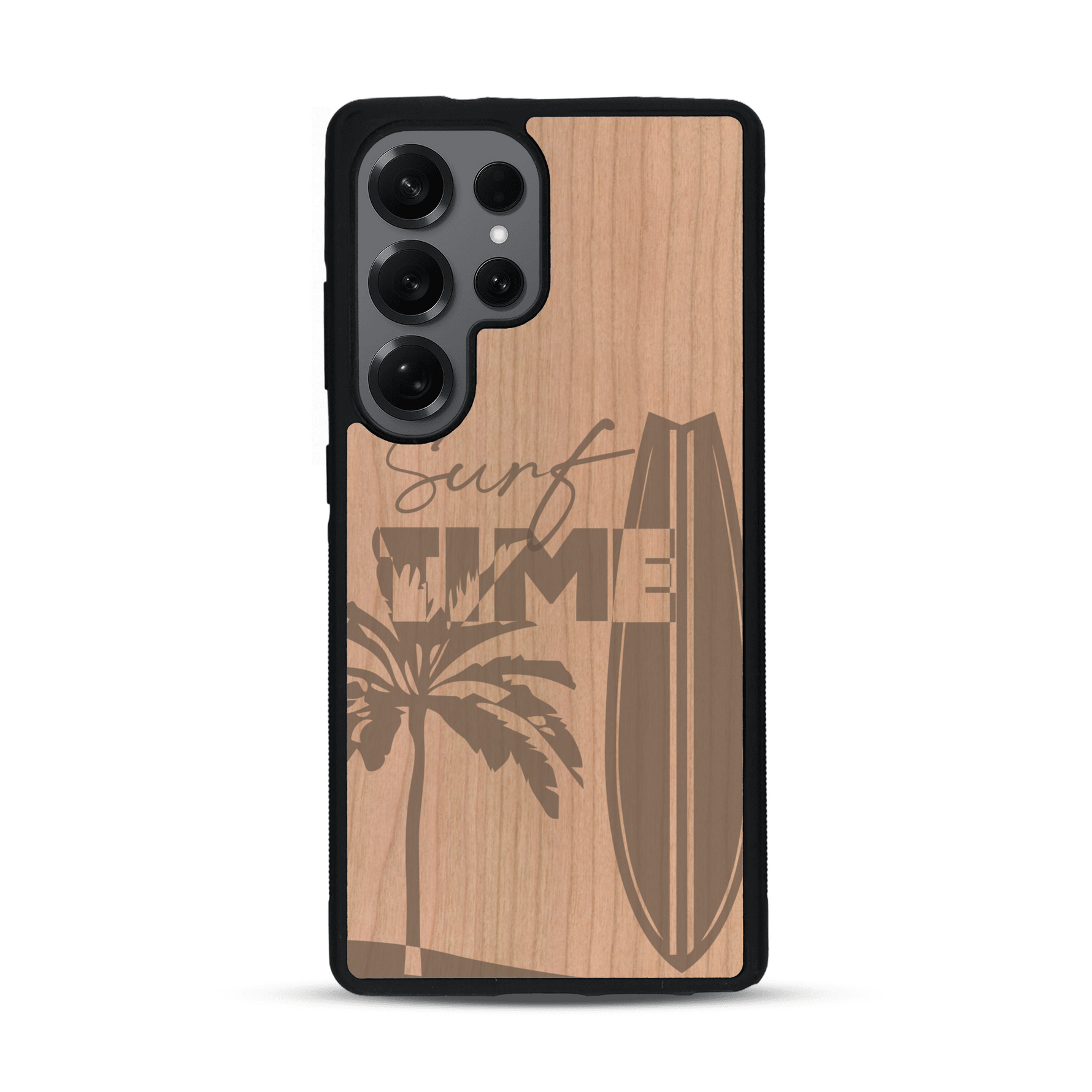 Coque de protection en bois véritable fabriquée en France pour  sur le thème chill avec un motif représentant une silouhette tenant une planche de surf sur une plage entouré de palmiers et les mots "Surf Time Long Beach Miami"