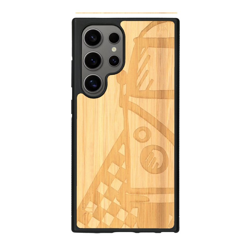 Coque de protection en bois véritable fabriquée en France pour Samsung S25 Ultra sur le thème du voyage avec un van combi