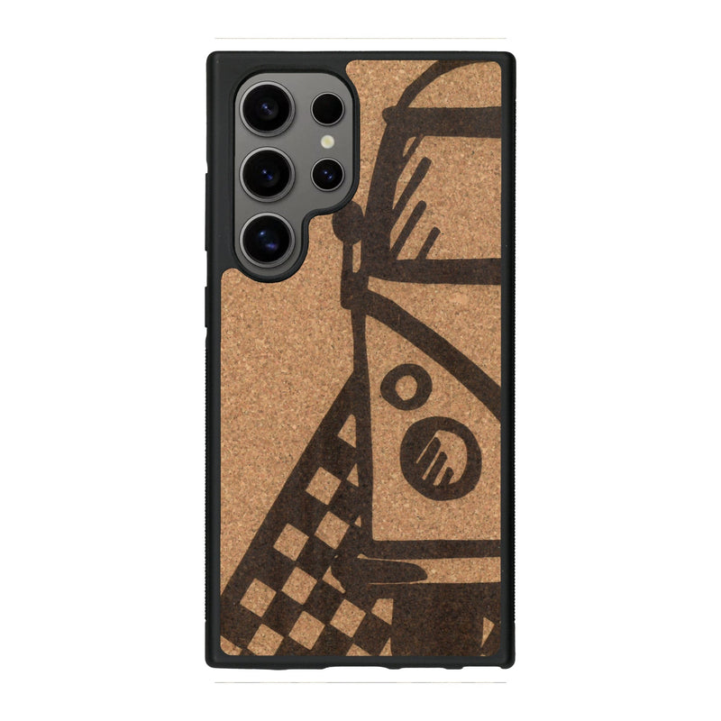 Coque de protection en bois véritable fabriquée en France pour Samsung S25 Ultra sur le thème du voyage avec un van combi
