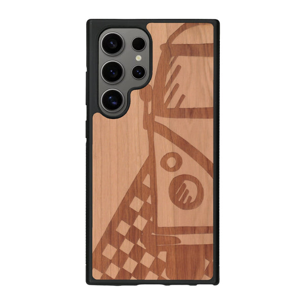 Coque de protection en bois véritable fabriquée en France pour Samsung S25 Ultra sur le thème du voyage avec un van combi