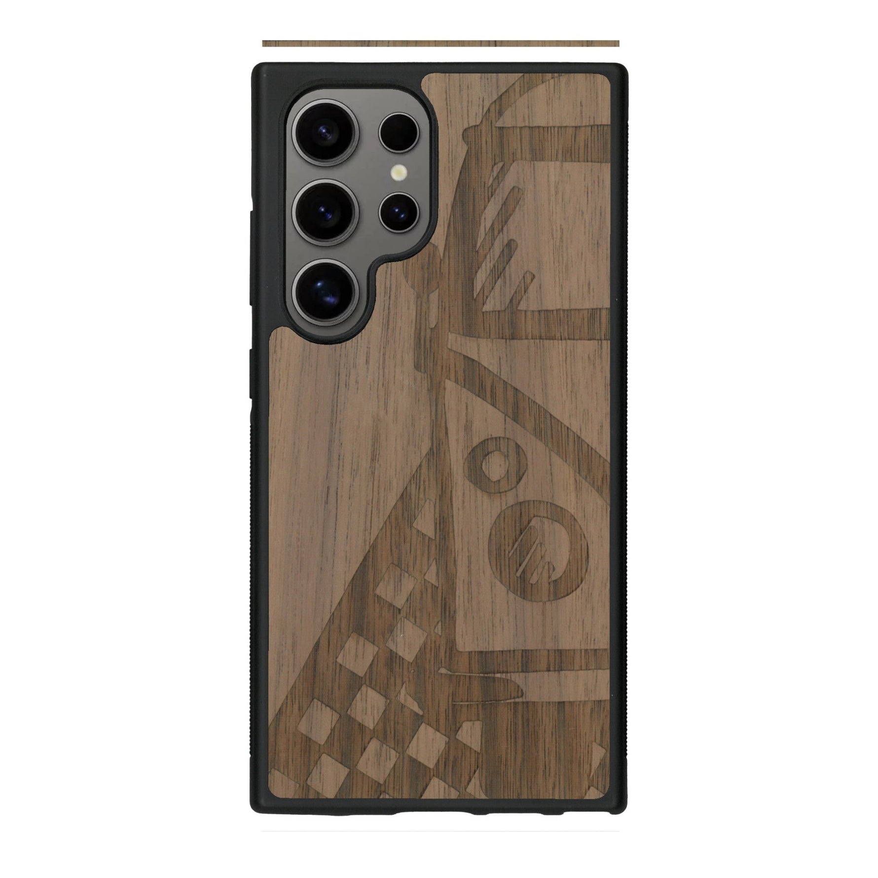 Coque de protection en bois véritable fabriquée en France pour Samsung S25 Ultra sur le thème du voyage avec un van combi