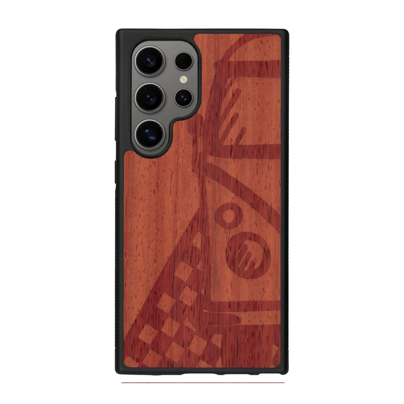 Coque de protection en bois véritable fabriquée en France pour Samsung S25 Ultra sur le thème du voyage avec un van combi