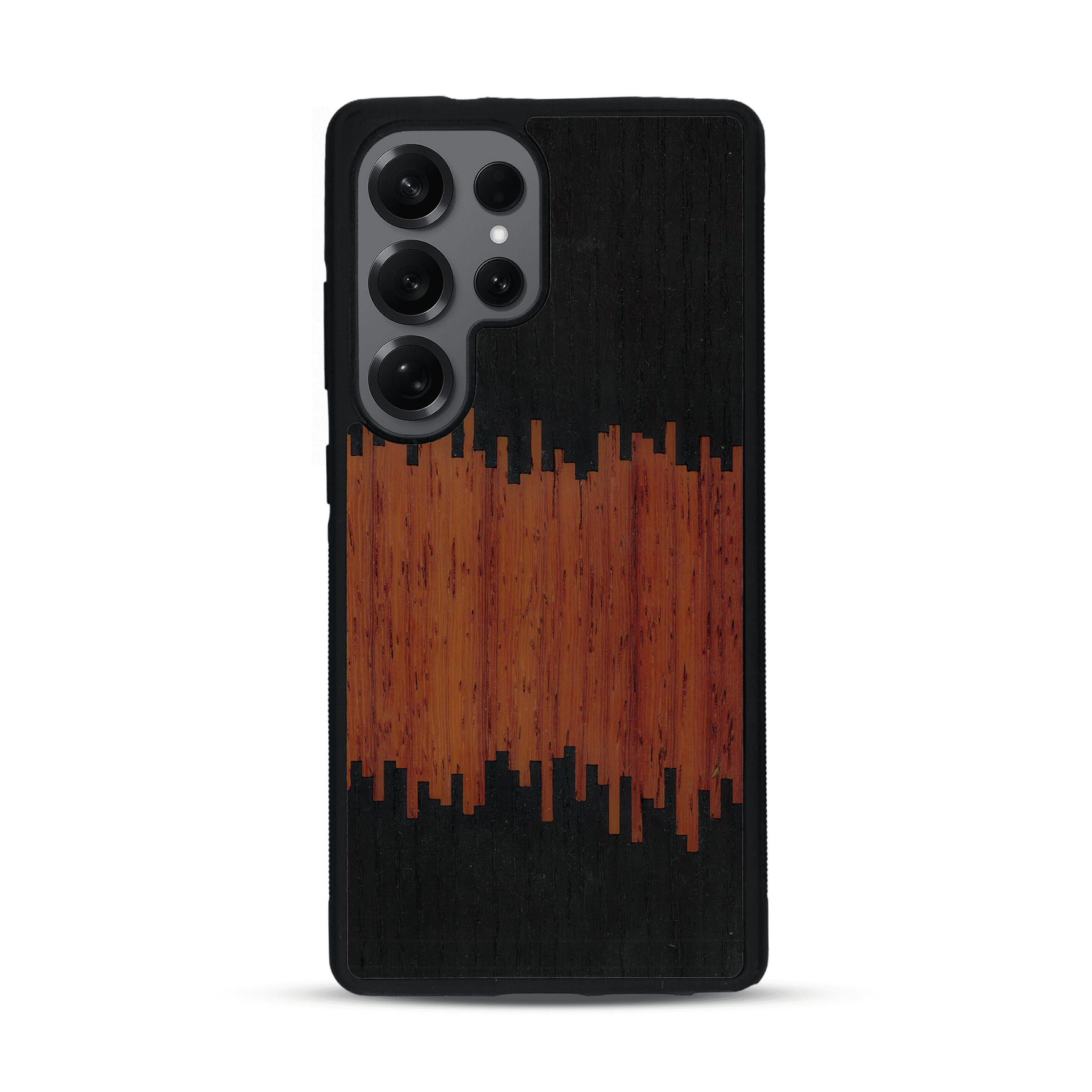 Coque de protection en bois véritable fabriquée en France pour  alliant plusieurs essences de bois pour représenter du magma en fusion