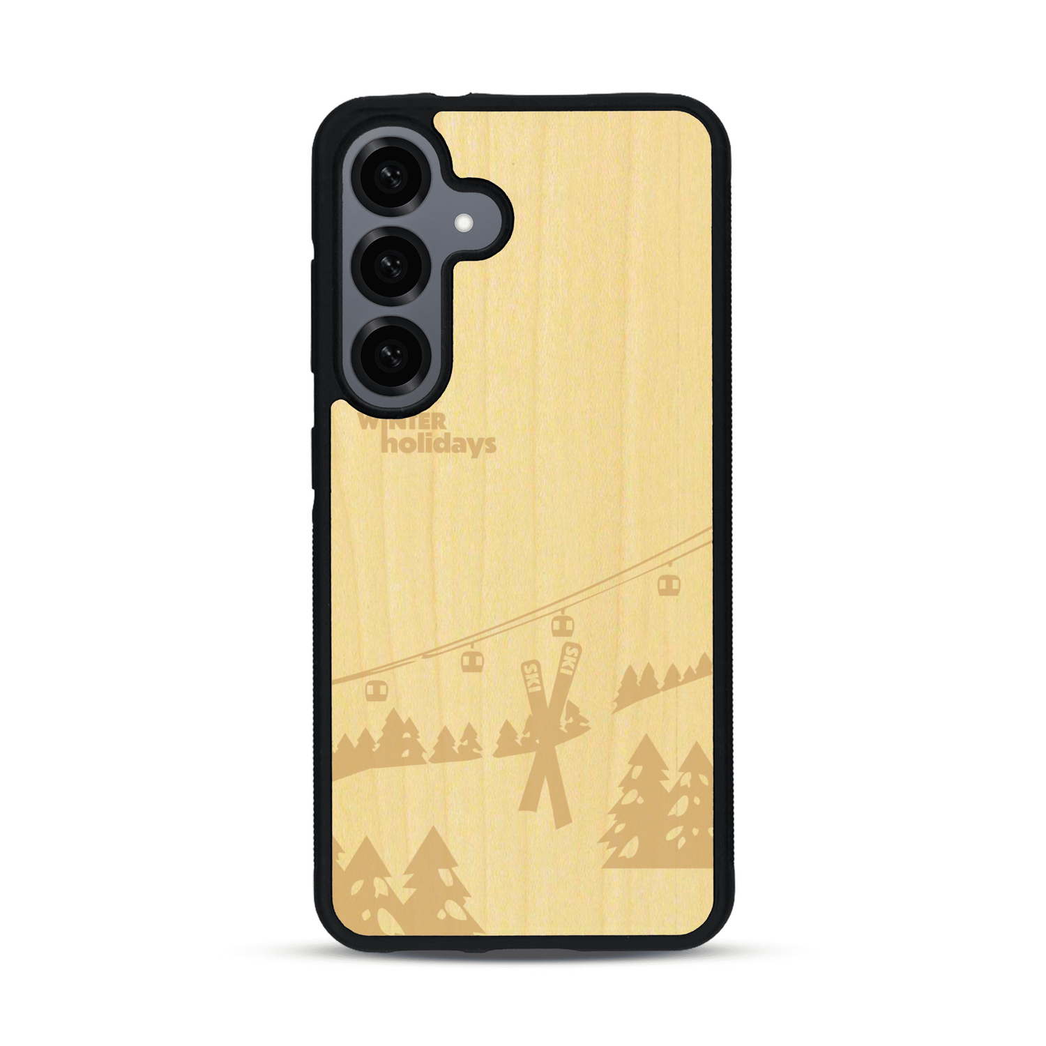 Coque de protection en bois véritable fabriquée en France pour  sur le thème de la montagne, du ski et de la neige avec un motif représentant une paire de ski plantée dans la neige avec en fond des montagnes enneigées