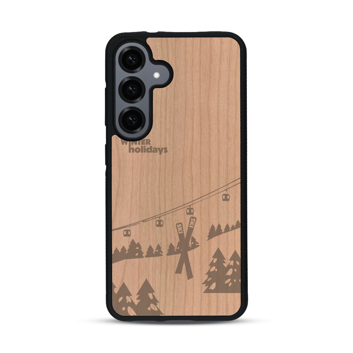 Coque de protection en bois véritable fabriquée en France pour  sur le thème de la montagne, du ski et de la neige avec un motif représentant une paire de ski plantée dans la neige avec en fond des montagnes enneigées