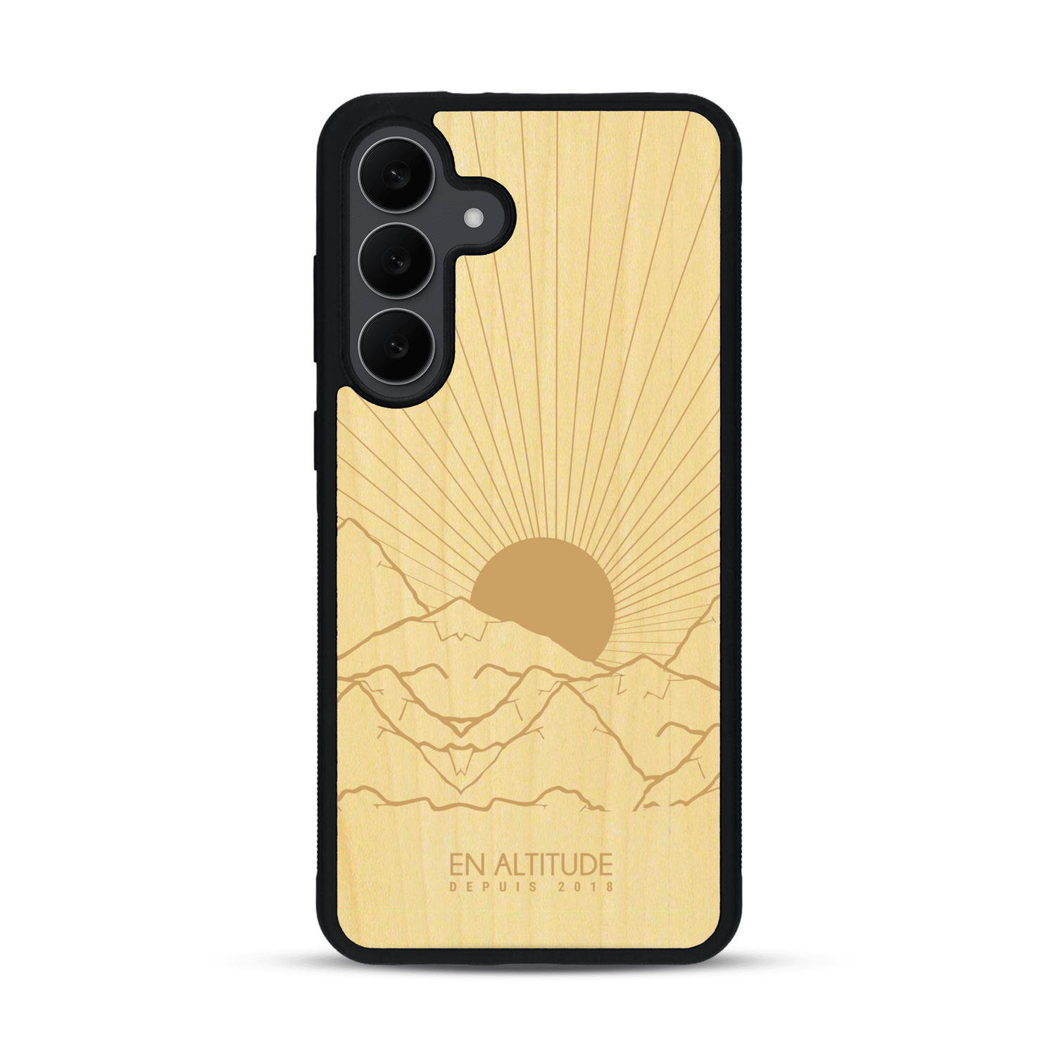 Coque de protection en bois véritable fabriquée en France pour  représentant des montagnes, sur le thème de la randonnée en pleine nature et du trail