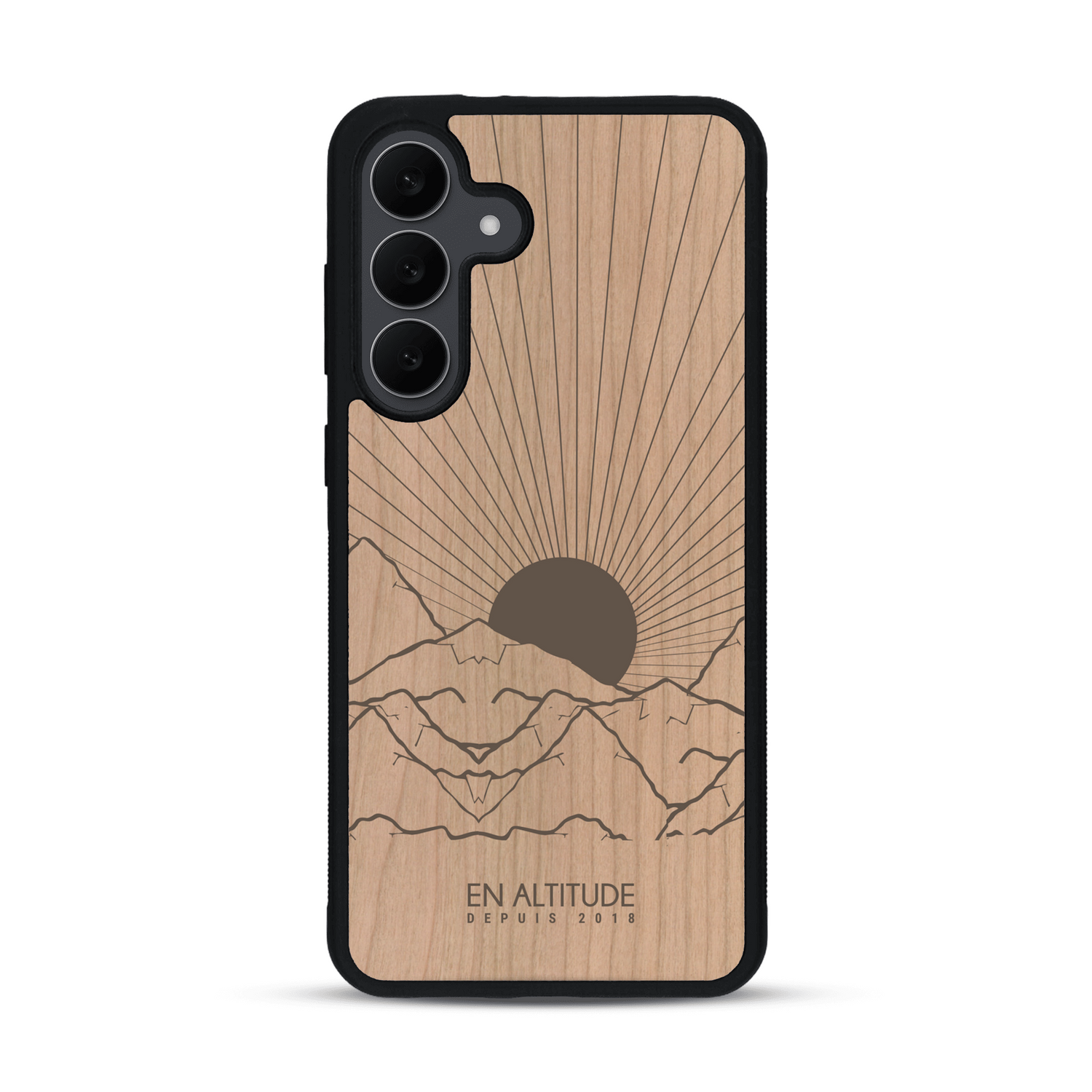 Coque de protection en bois véritable fabriquée en France pour  représentant des montagnes, sur le thème de la randonnée en pleine nature et du trail