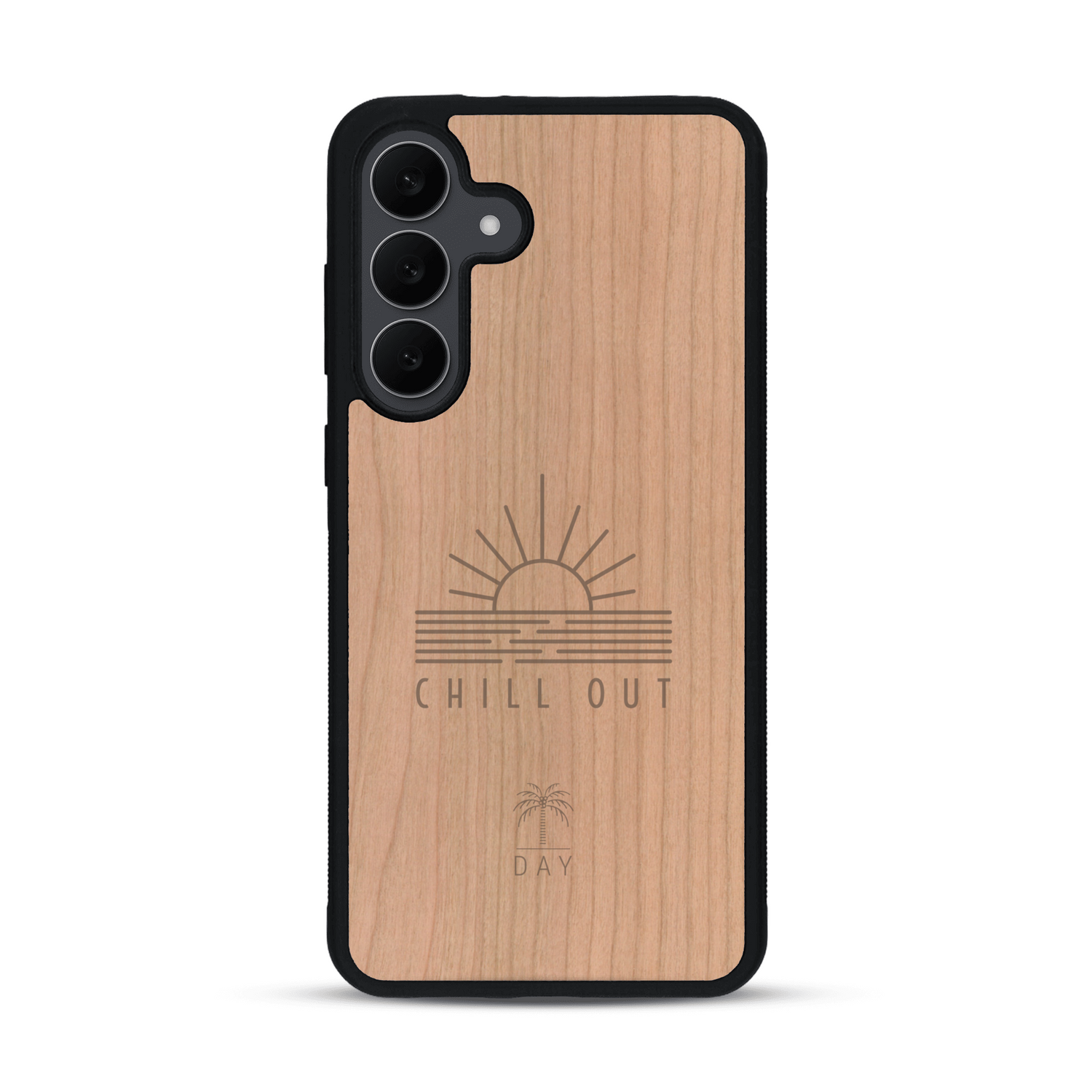 Coque de protection en bois véritable fabriquée en France pour  sur le thème chill avec un motif représentant un couché de soleil sur l'océan et la phrase "Chill out"