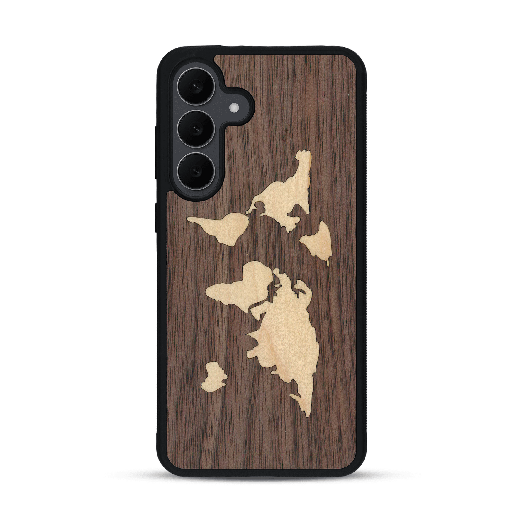 Coque de protection en bois véritable fabriquée en France pour  alliant du bambou et du noyer sur le thème du voyage et de l'aventure représentant une mappemonde