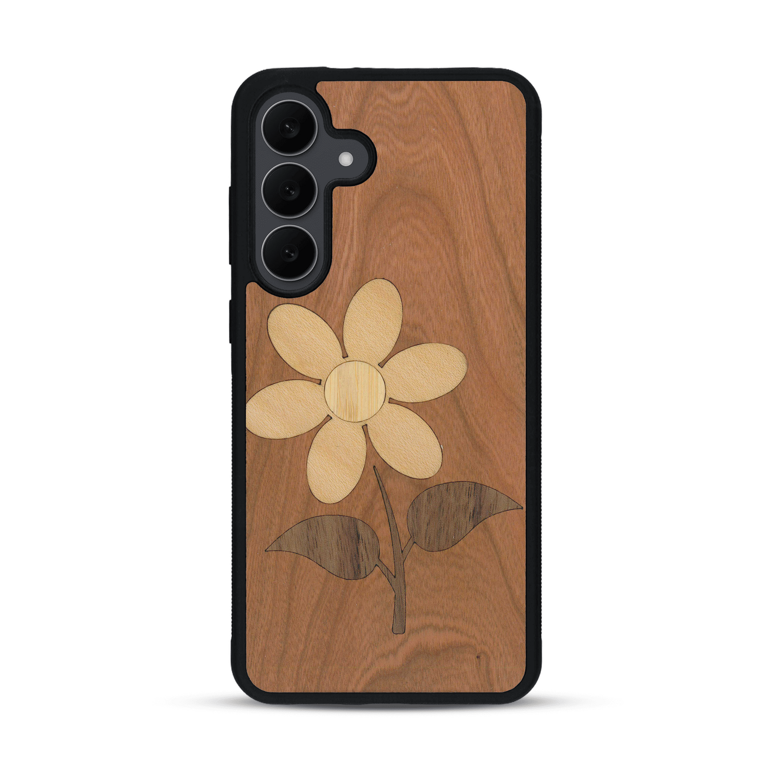 Coque de protection en bois véritable fabriquée en France pour Samsung S25FE alliant plusieurs essences de bois pour représenter une marguerite