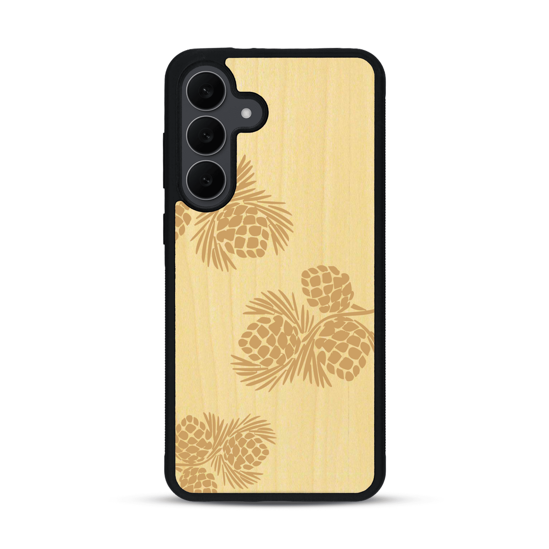 Coque de protection en bois véritable fabriquée en France pour  sur le thème de la nature des arbres avec un motif de gravure représentant des épines de sapin et des pommes de pin