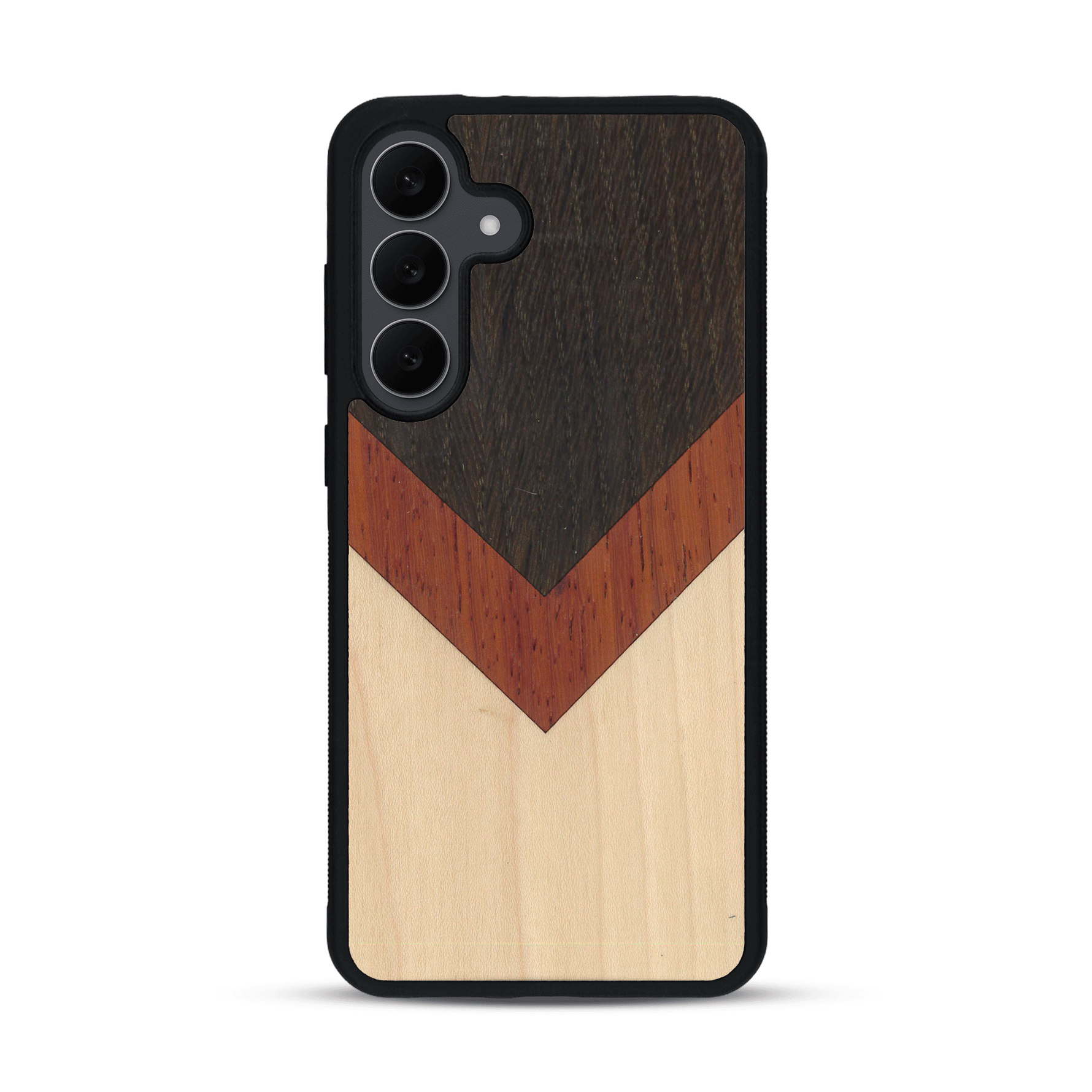 Coque de protection en bois véritable fabriquée en France pour  alliant du chêne fumé, du padouk et du bambou en forme de chevron sur le thème de l'art abstrait