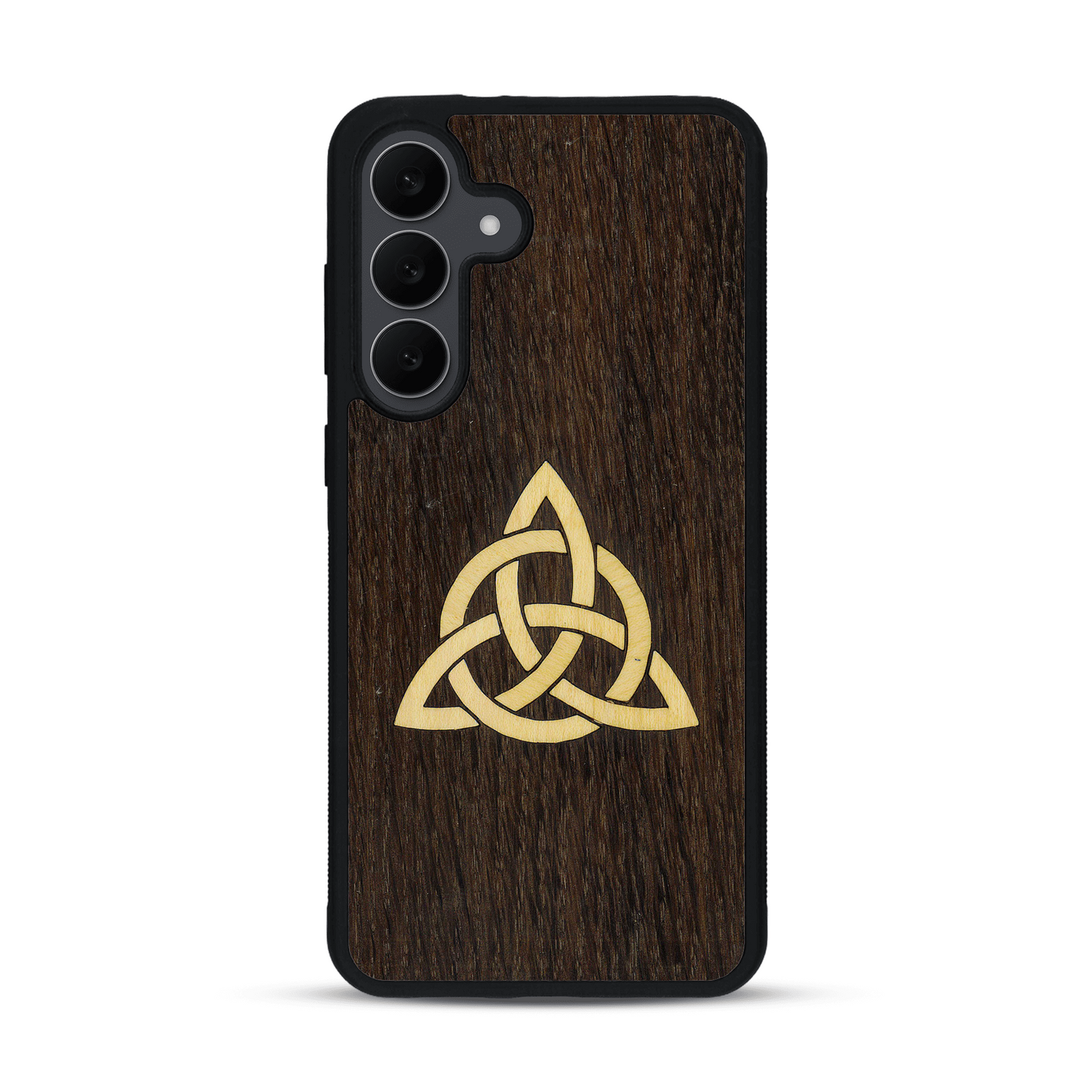 Coque de protection en bois véritable fabriquée en France pour  alliant du chêne fumé et du bambou représentant une triquetra