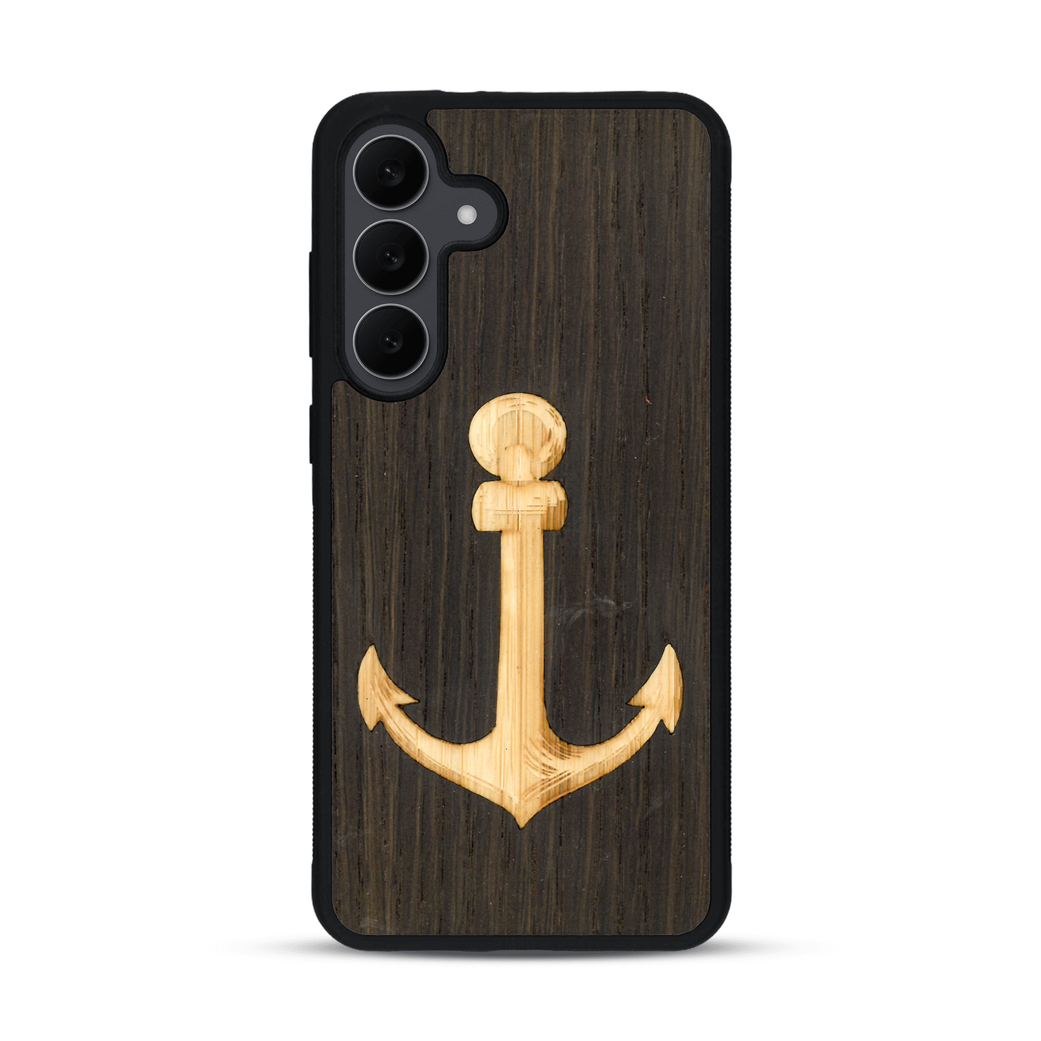 Coque de protection en bois véritable fabriquée en France pour  sur le thème nautique avec un bois clair et un bois foncé représentant une ancre de bateau