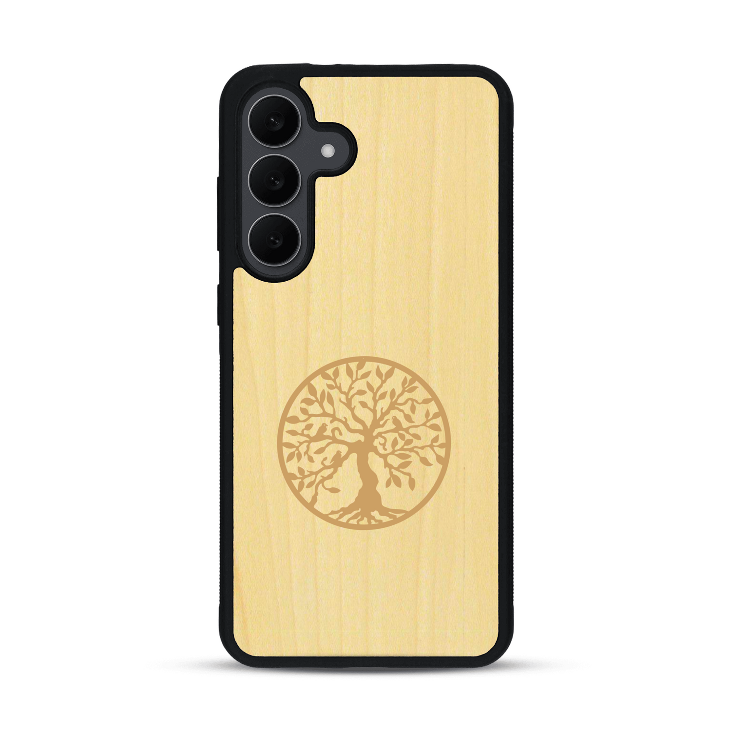 Coque de protection en bois véritable fabriquée en France pour  sur le thème de la spiritualité et du yoga avec une gravure zen représentant un arbre de vie