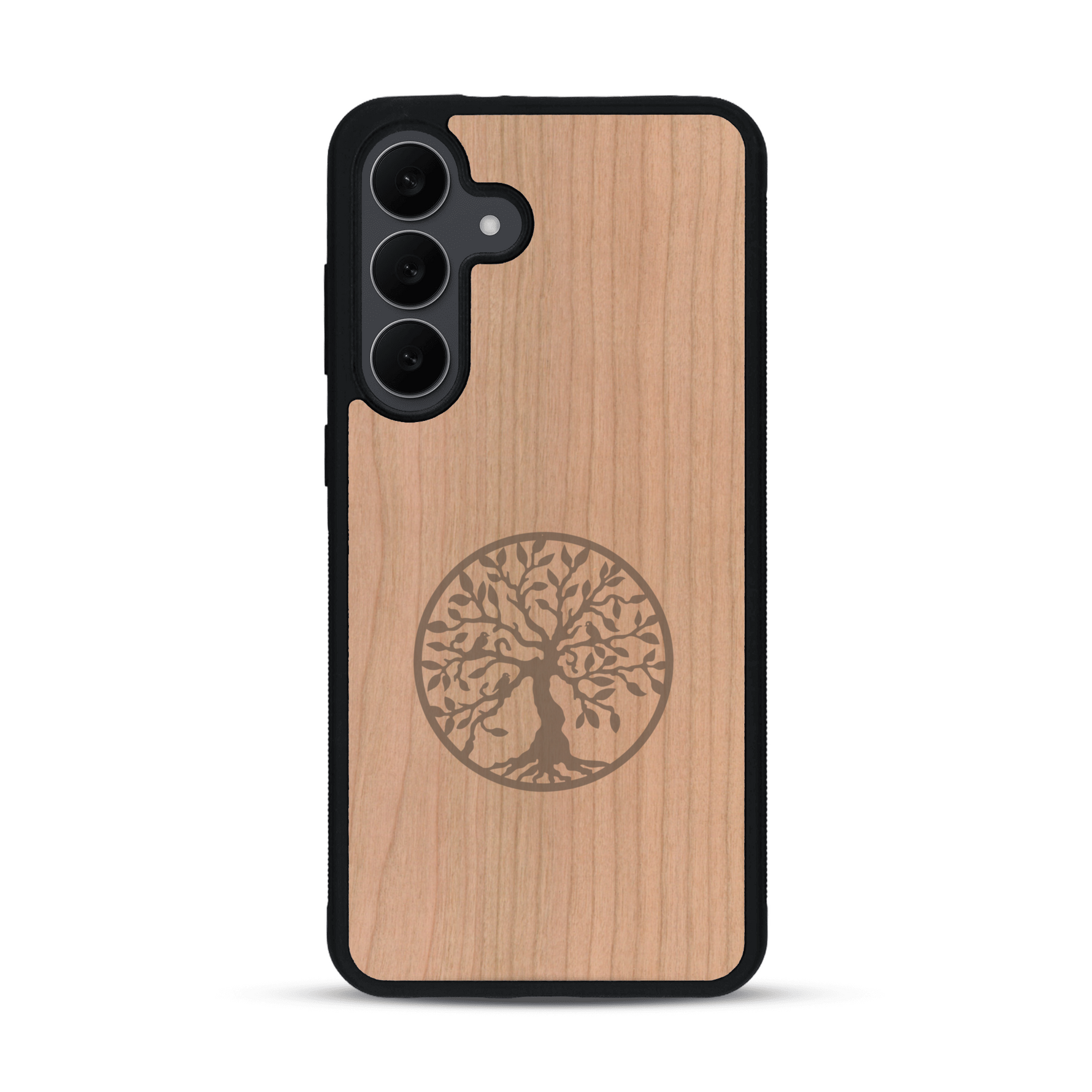 Coque de protection en bois véritable fabriquée en France pour  sur le thème de la spiritualité et du yoga avec une gravure zen représentant un arbre de vie