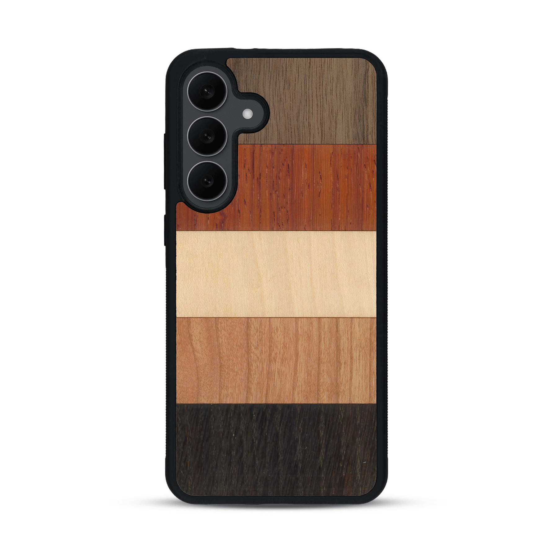 Coque de protection en bois véritable fabriquée en France pour  alliant des bandes horizontales de bambou, merisier, padouk, noyer et chêne fumé