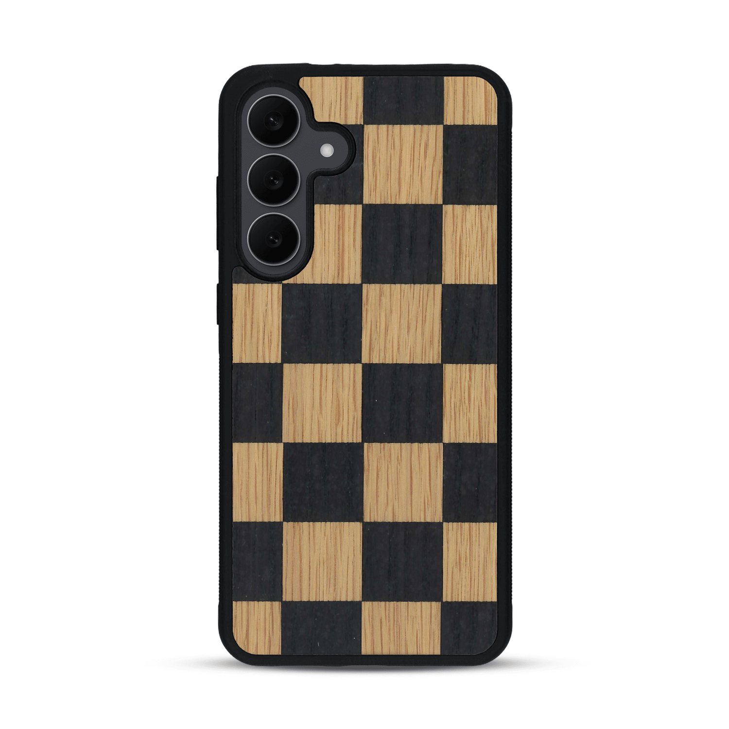 Coque de protection en bois véritable fabriquée en France pour  alliant plusieurs essences de bois pour représenter un damier