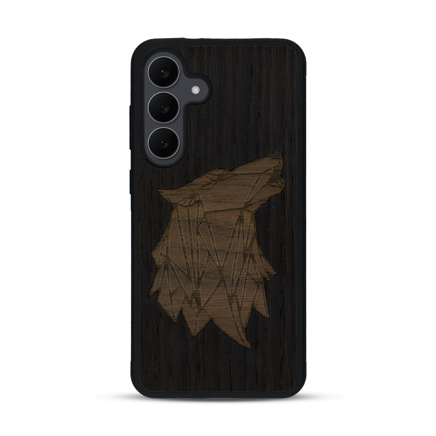 Coque de protection en bois véritable fabriquée en France pour  alliant du chêne fumé et du noyer représentant une tête de loup géométrique de profil sur le thème des animaux et de la nature