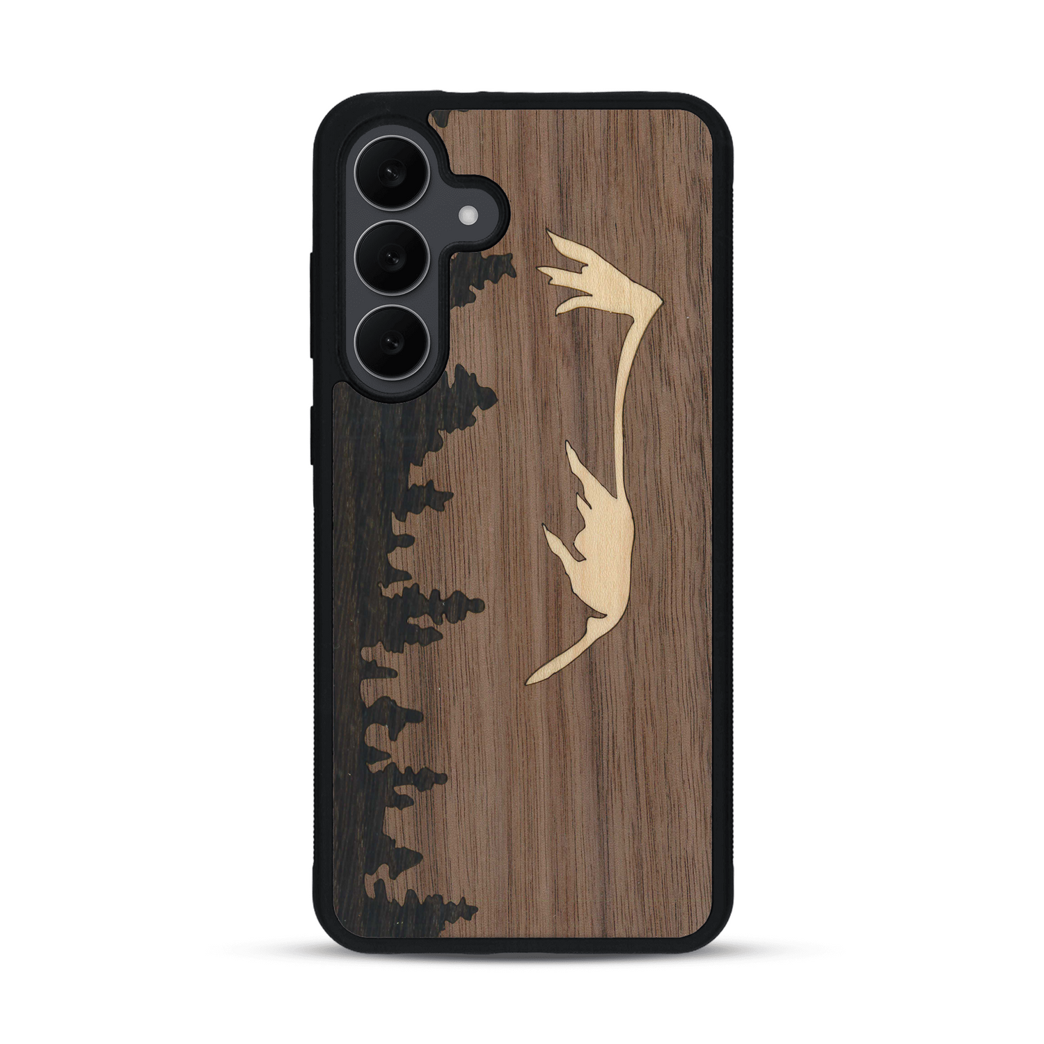 Coque de protection en bois véritable fabriquée en France pour  sur le thème de la nature et de la montagne qui allie du chêne fumé, du noyer et du bambou représentant le mont mézenc
