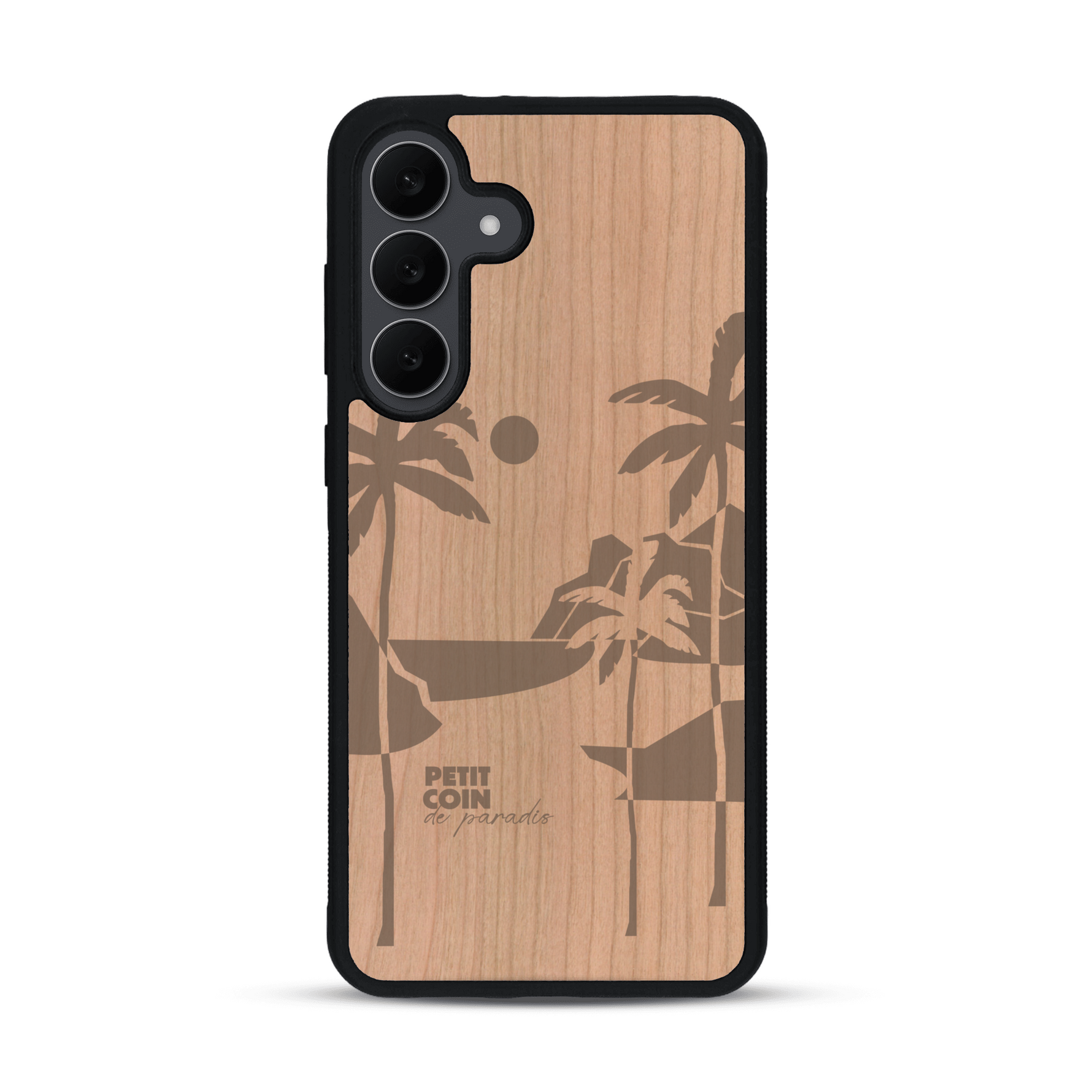 Coque de protection en bois véritable fabriquée en France pour  sur le thème des voyages en vans, vanlife et chill avec une gravure représentant un van vw combi devant le soleil couchant sur une plage avec des vagues