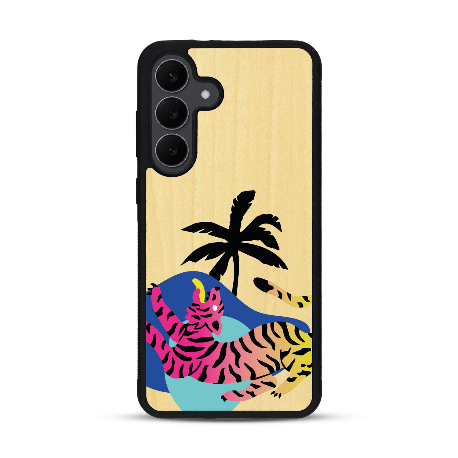 Coque de protection en bois véritable fabriquée en France pour Samsung S25FE représentant un tigre coloré avec un design moderne et minimaliste sur le thème de la jungle et de la nature