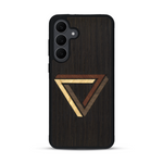 Coque de protection en bois véritable fabriquée en France pour  sur le thème de l'art géométrique qui allie du chêne fumé, du noyer, du bambou et du padouk représentant le triangle de penrose