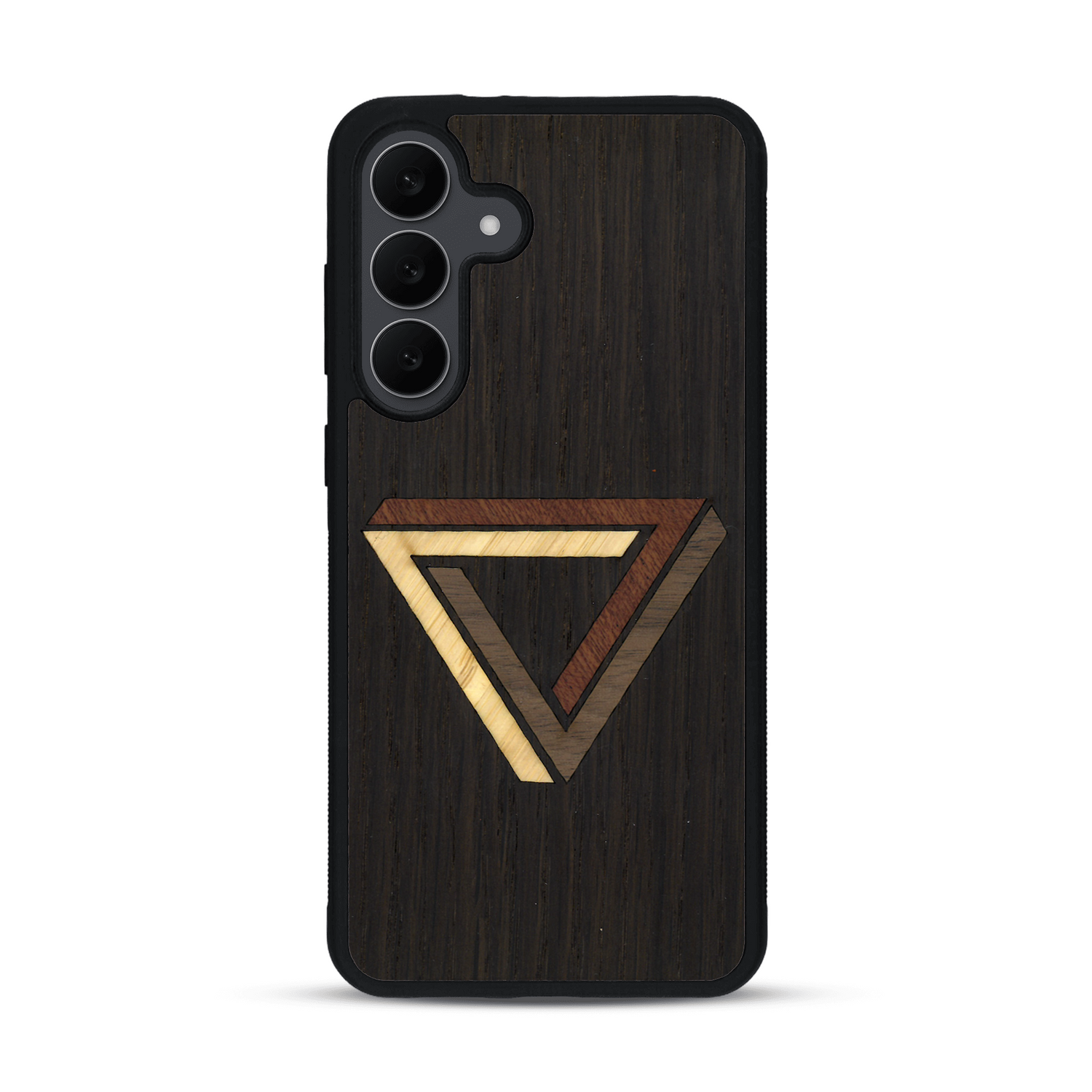 Coque de protection en bois véritable fabriquée en France pour  sur le thème de l'art géométrique qui allie du chêne fumé, du noyer, du bambou et du padouk représentant le triangle de penrose