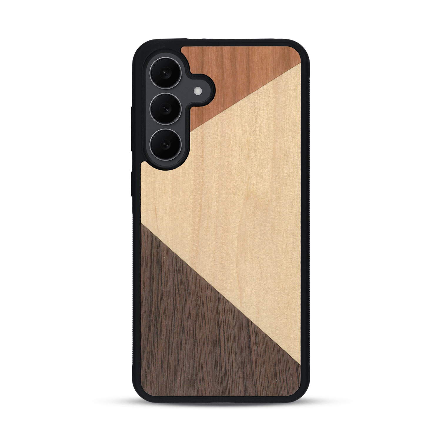 Coque de protection en bois véritable fabriquée en France pour  alliant du merisier, du noyer et du bambou formant chacun deux triangles et un trapèze avec deux jointures en diagonale sur le thème de l'art abstrait