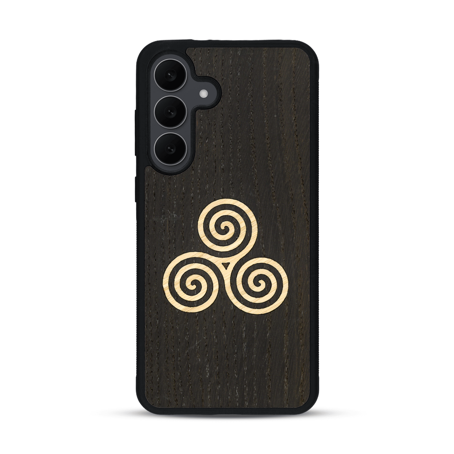 Coque de protection en bois véritable fabriquée en France pour  alliant du chêne fumé et du bambou et doré représentant un triskell