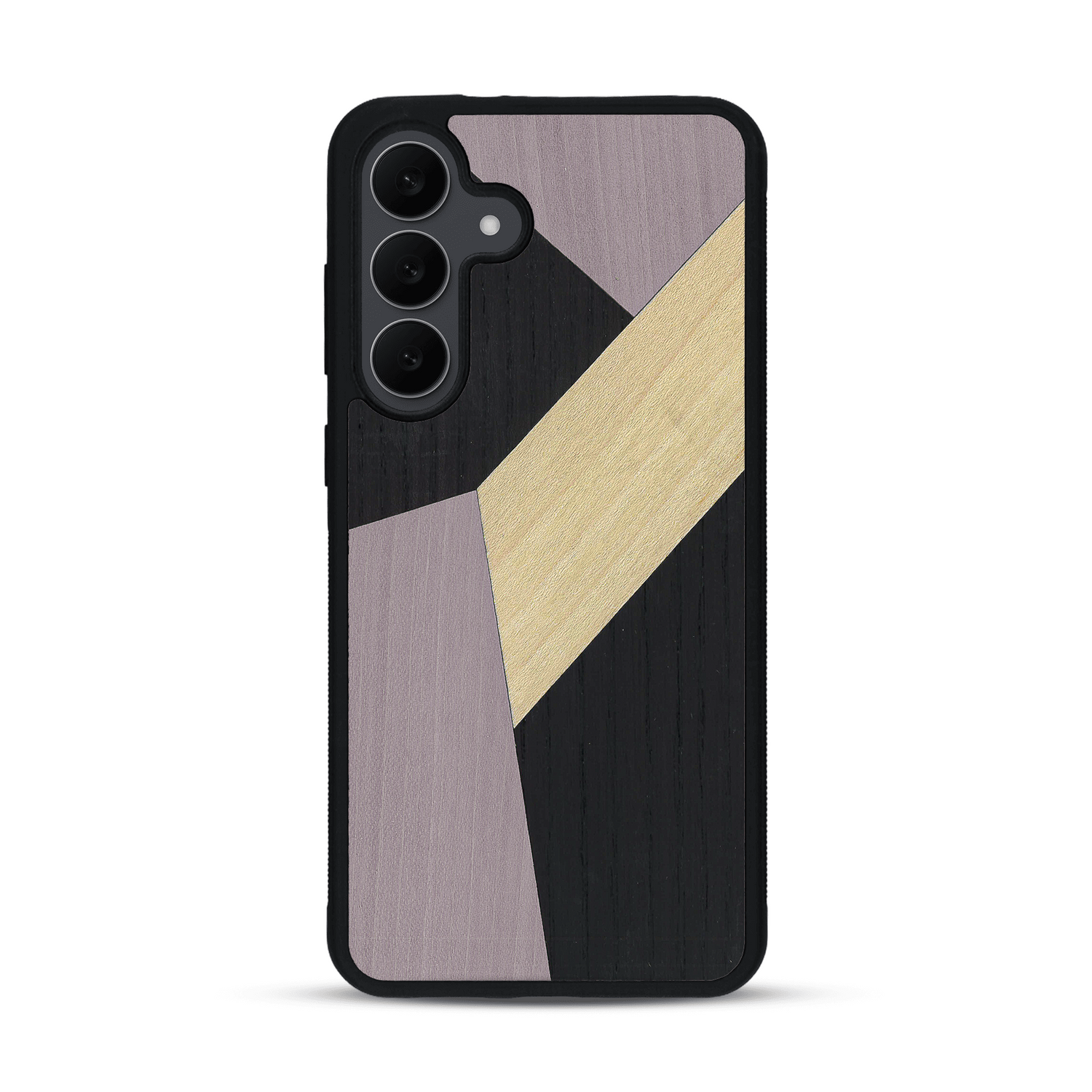 Coque de protection en bois véritable fabriquée en France pour  alliant du bambou, du tulipier mauve et noir en forme de mosaïque minimaliste sur le thème de l'art abstrait