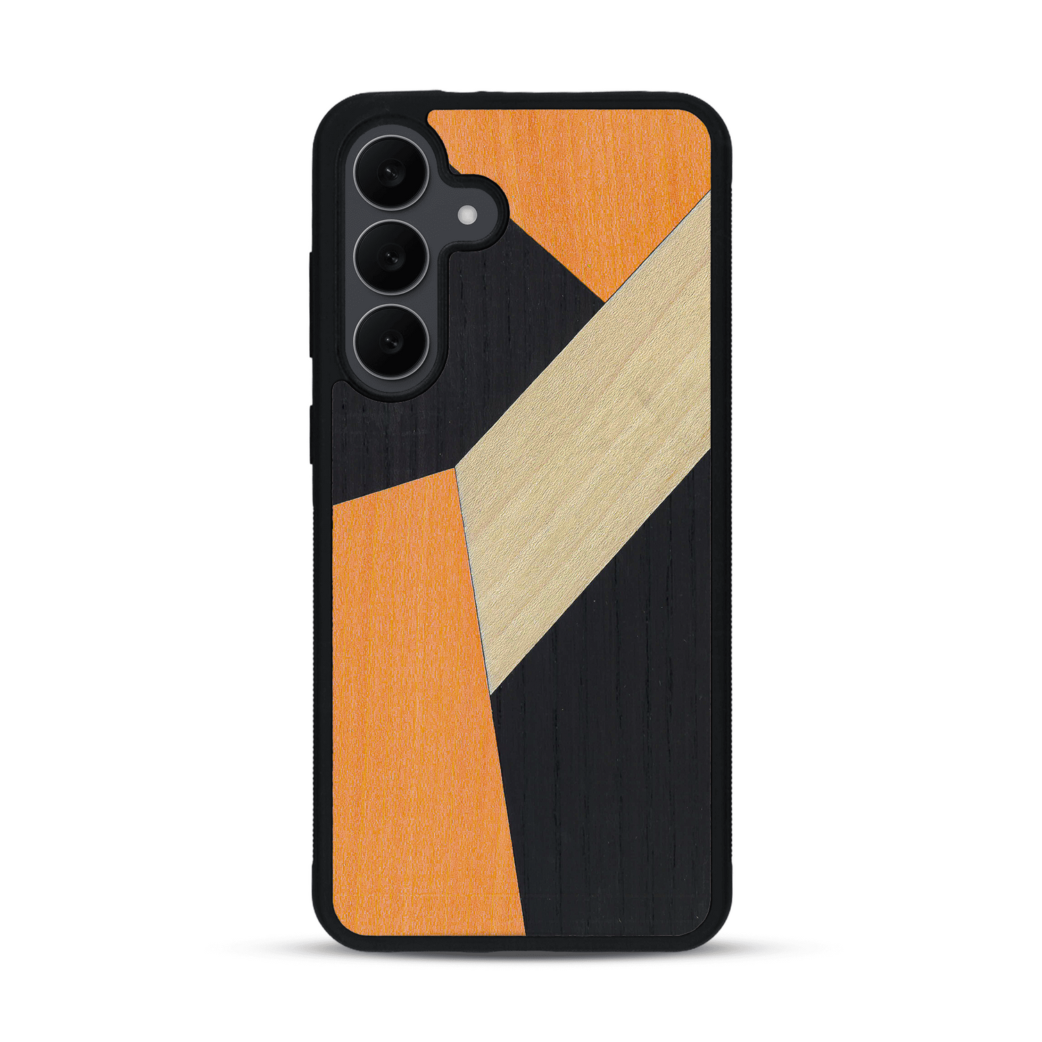Coque de protection en bois véritable fabriquée en France pour  alliant du bambou, du tulipier orange et noir en forme de mosaïque minimaliste sur le thème de l'art abstrait