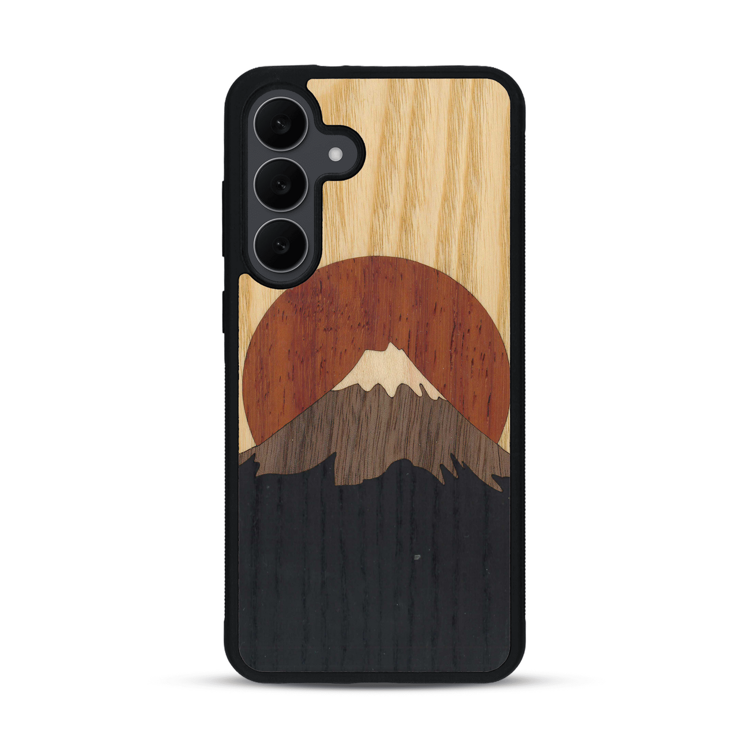 Coque de protection en bois véritable fabriquée en France pour  alliant plusieurs essences de bois pour représenter le mont Fuji