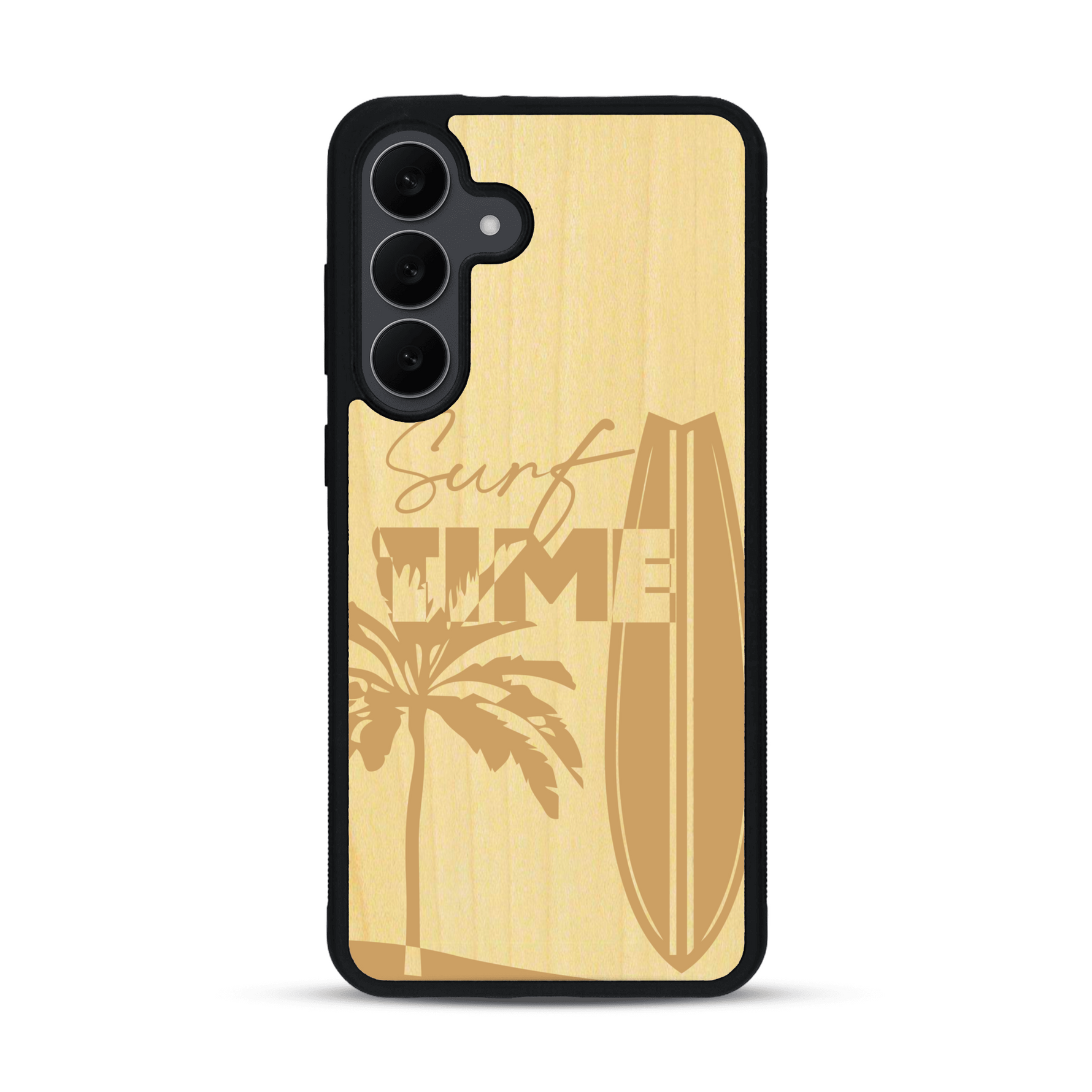 Coque de protection en bois véritable fabriquée en France pour  sur le thème chill avec un motif représentant une silouhette tenant une planche de surf sur une plage entouré de palmiers et les mots "Surf Time Long Beach Miami"