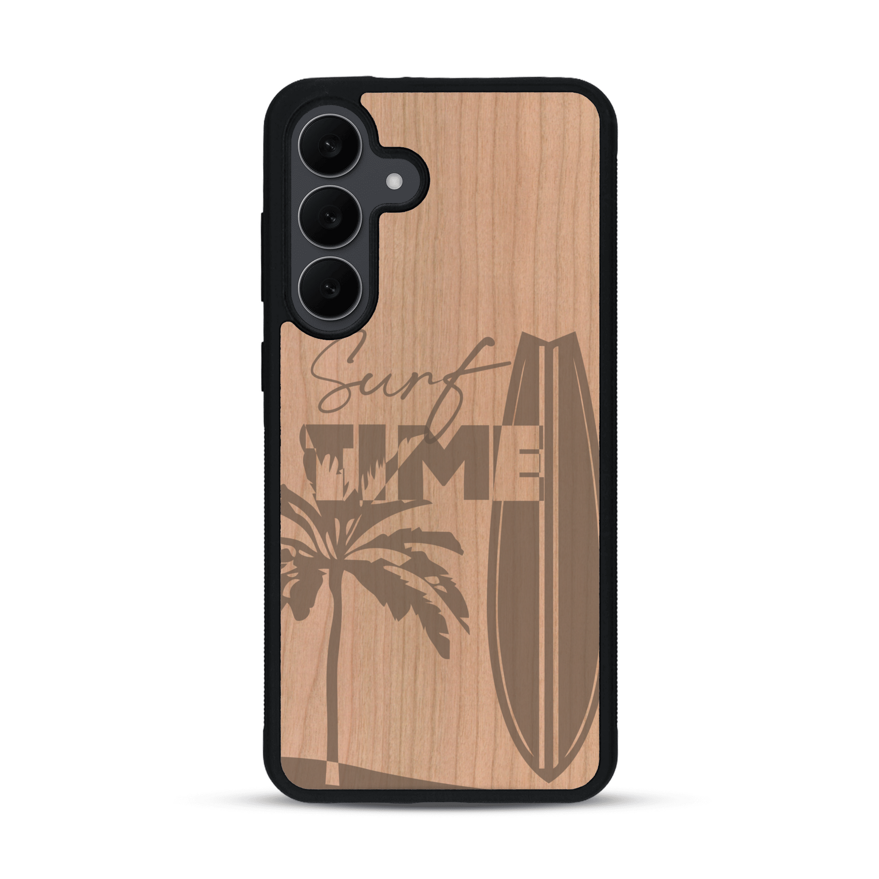 Coque de protection en bois véritable fabriquée en France pour  sur le thème chill avec un motif représentant une silouhette tenant une planche de surf sur une plage entouré de palmiers et les mots "Surf Time Long Beach Miami"