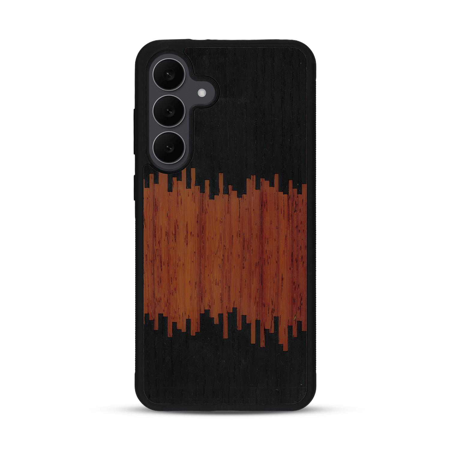 Coque de protection en bois véritable fabriquée en France pour  alliant plusieurs essences de bois pour représenter du magma en fusion