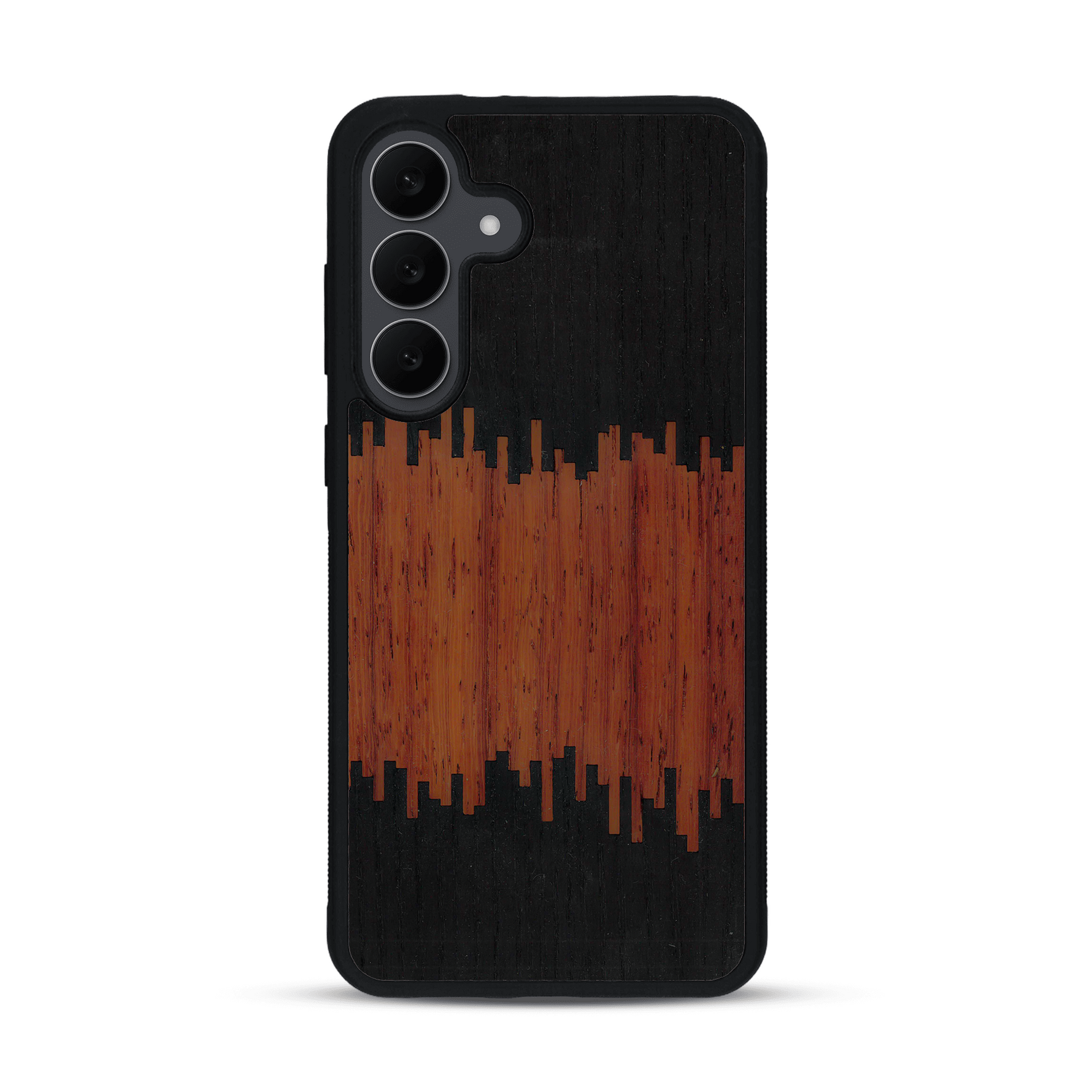 Coque de protection en bois véritable fabriquée en France pour  alliant plusieurs essences de bois pour représenter du magma en fusion