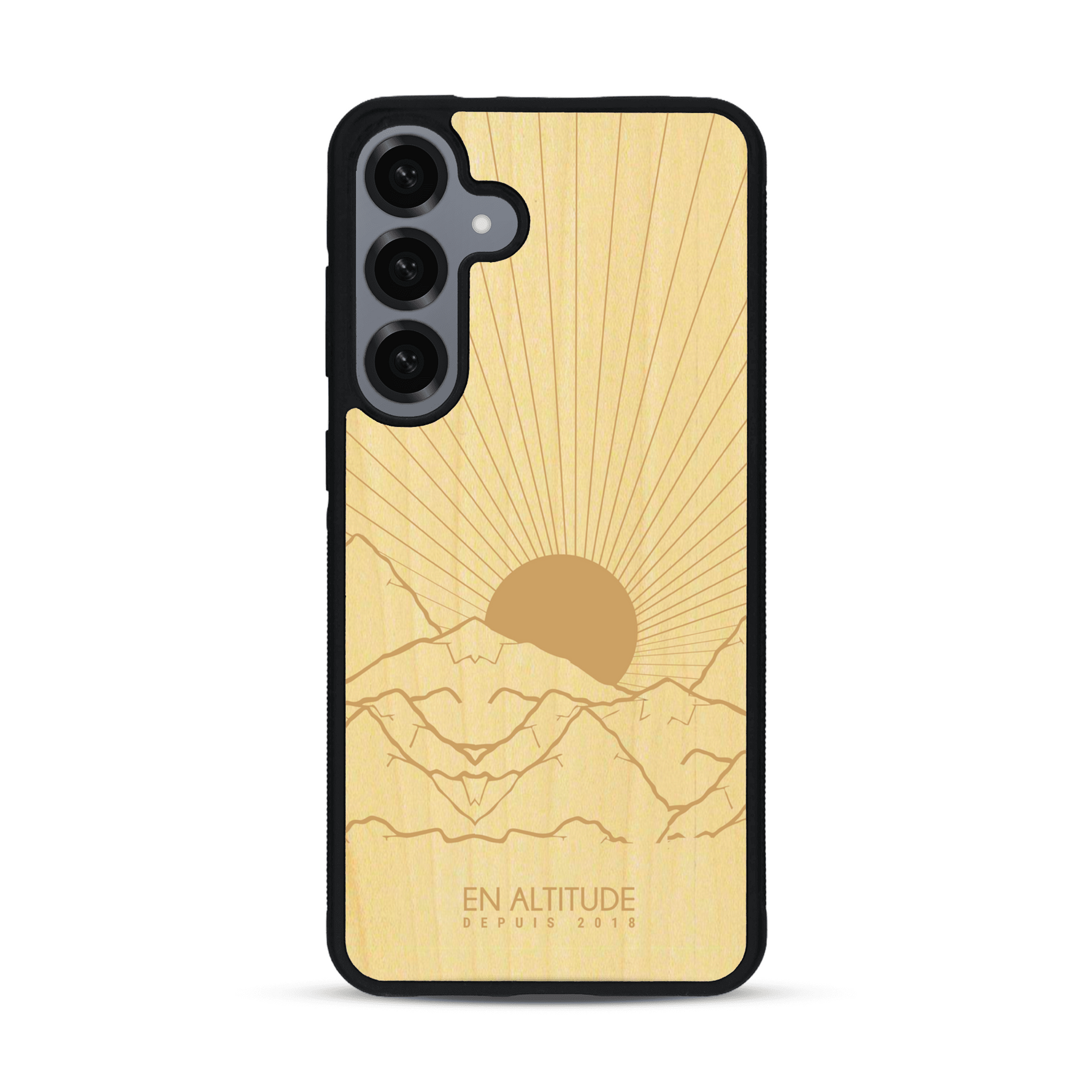 Coque de protection en bois véritable fabriquée en France pour  représentant des montagnes, sur le thème de la randonnée en pleine nature et du trail