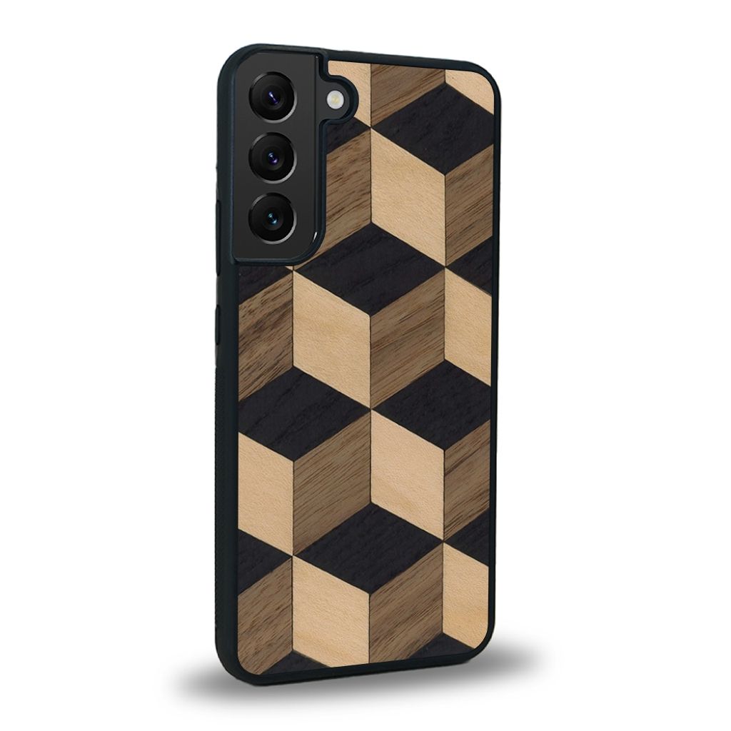 Coque de protection en bois véritable fabriquée en France pour Samsung S25+ alliant plusieurs essences de bois pour représenter un classique intemporel de la marqueterie