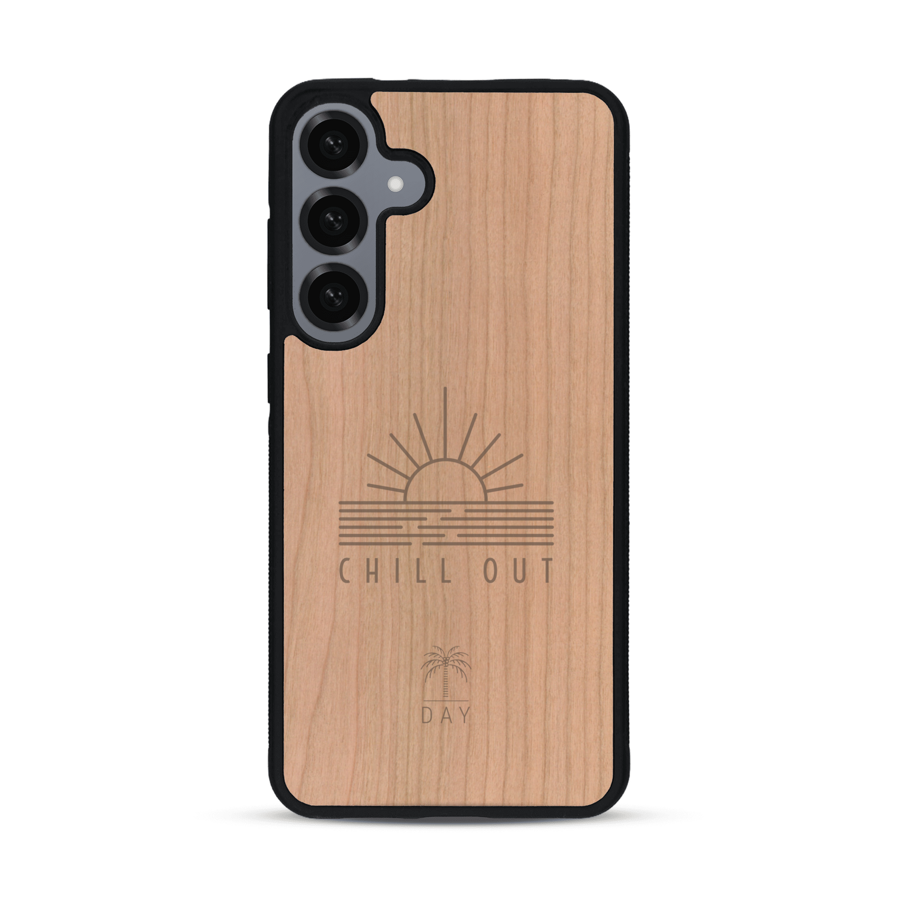 Coque de protection en bois véritable fabriquée en France pour  sur le thème chill avec un motif représentant un couché de soleil sur l'océan et la phrase "Chill out"