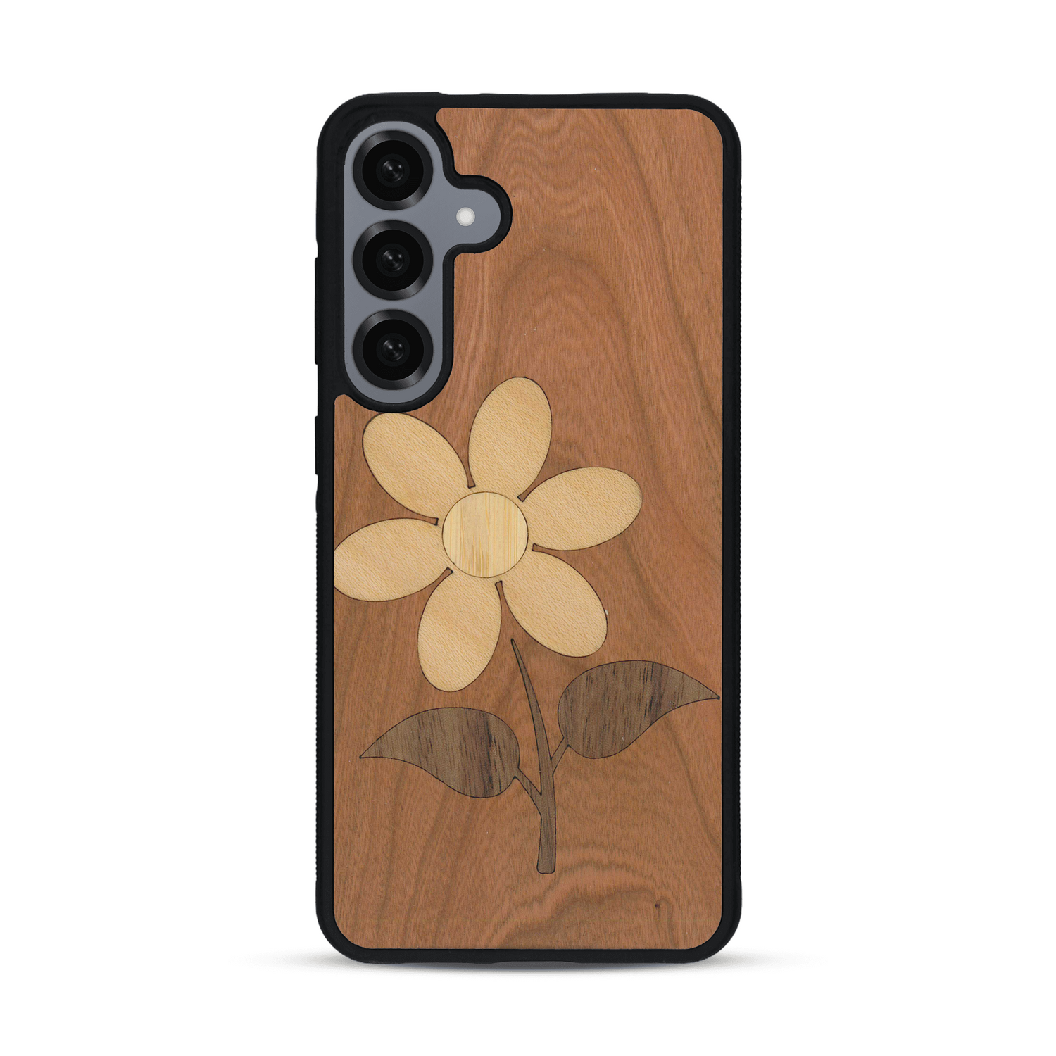 Coque de protection en bois véritable fabriquée en France pour Samsung S25+ alliant plusieurs essences de bois pour représenter une marguerite