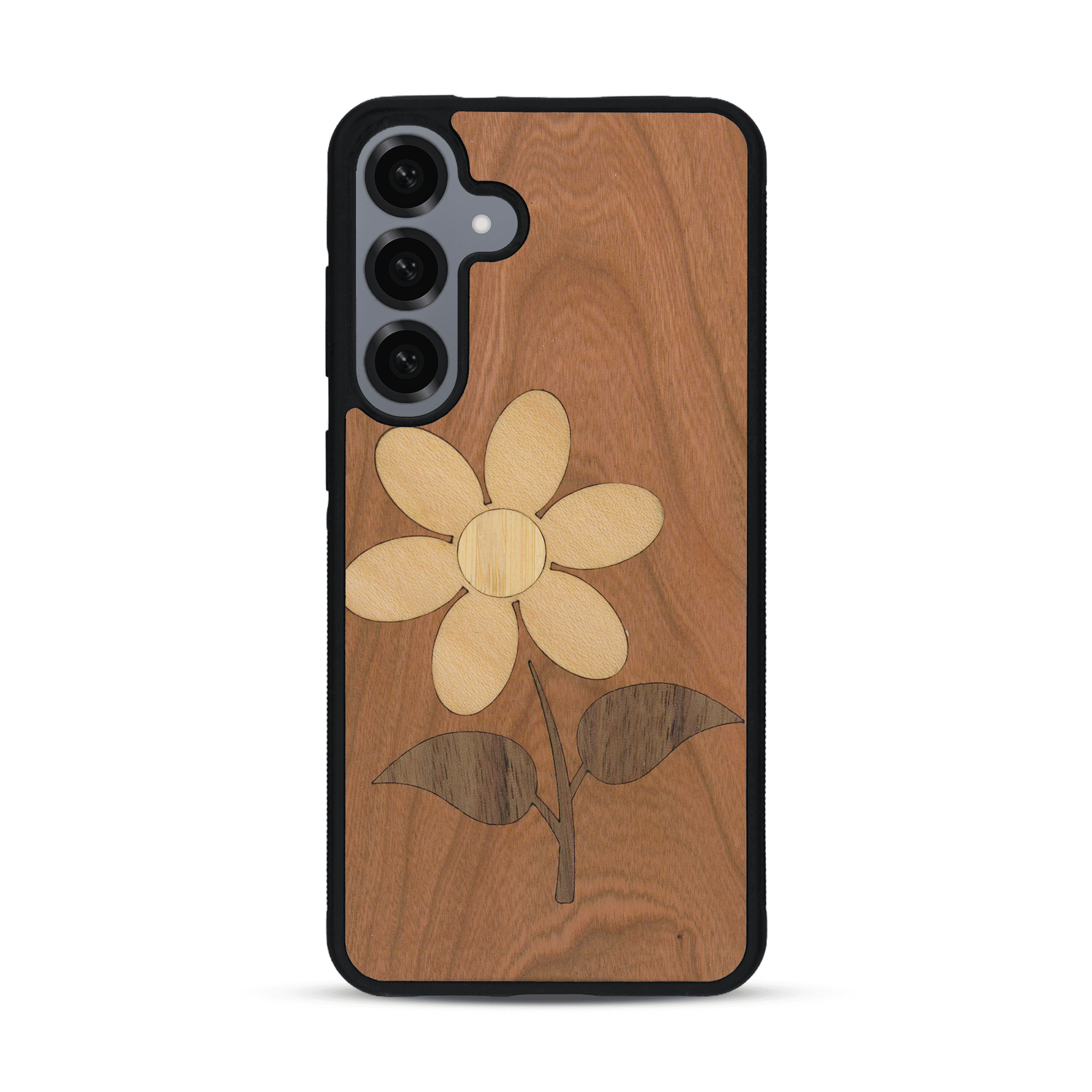Coque de protection en bois véritable fabriquée en France pour Samsung S25+ alliant plusieurs essences de bois pour représenter une marguerite