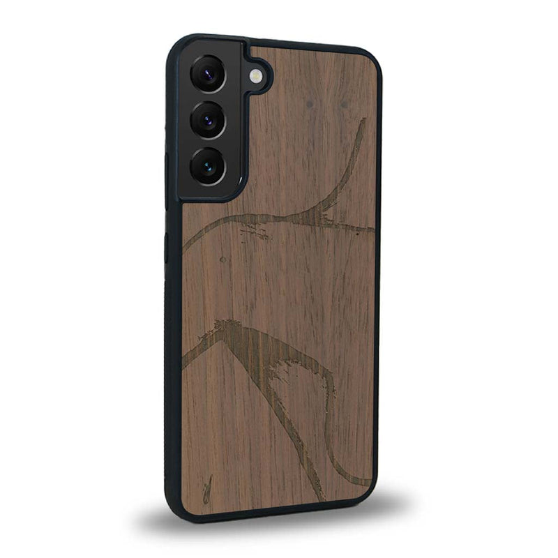 Coque de protection en bois véritable fabriquée en France pour Samsung S25+ représentant une silhouette féminine dessinée à la main par l'artiste Maud Dabs