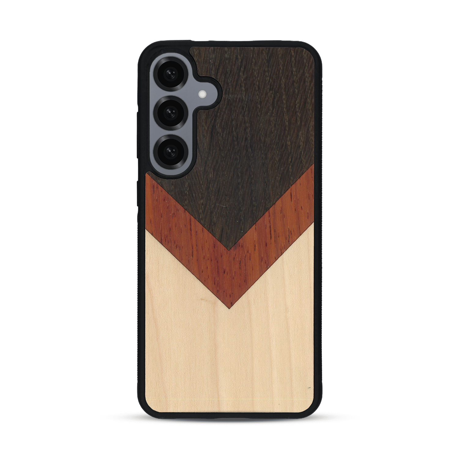 Coque de protection en bois véritable fabriquée en France pour  alliant du chêne fumé, du padouk et du bambou en forme de chevron sur le thème de l'art abstrait