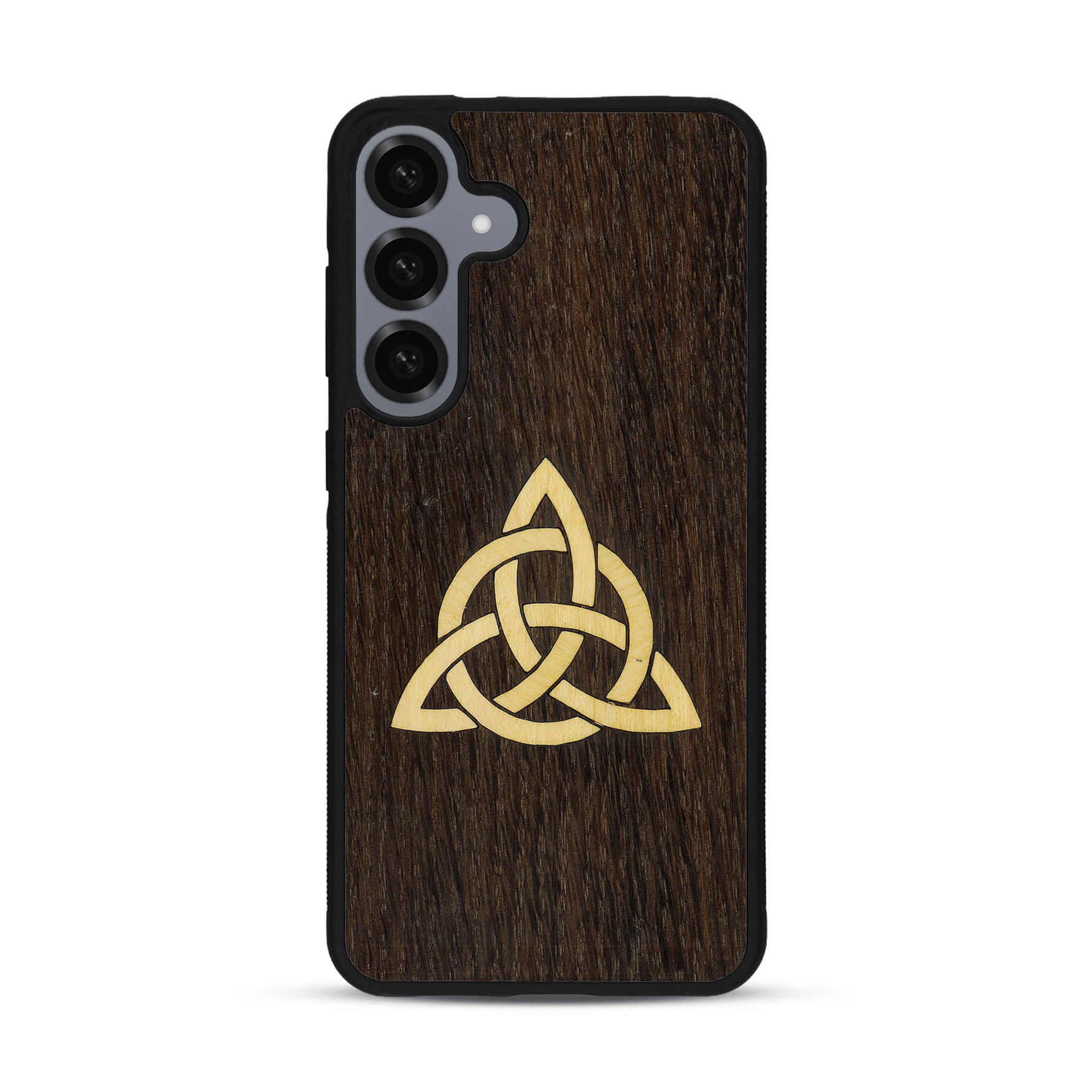 Coque de protection en bois véritable fabriquée en France pour  alliant du chêne fumé et du bambou représentant une triquetra